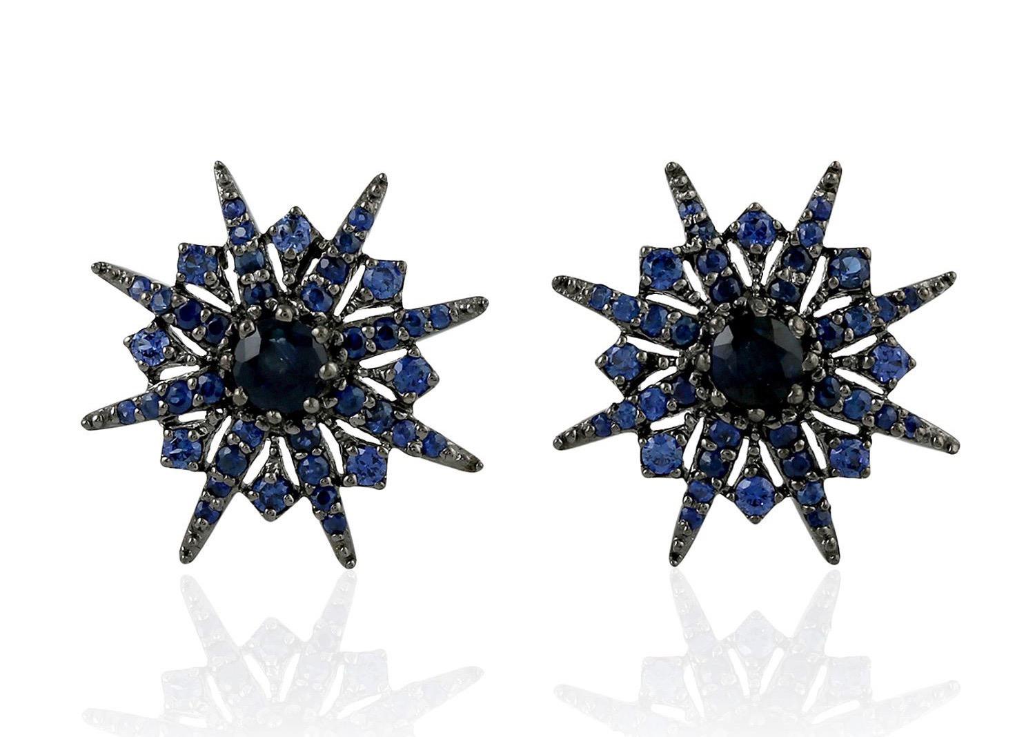 Mixed Cut Blue Sapphire 18 Karat Gold Starburst Stud Earrings For Sale