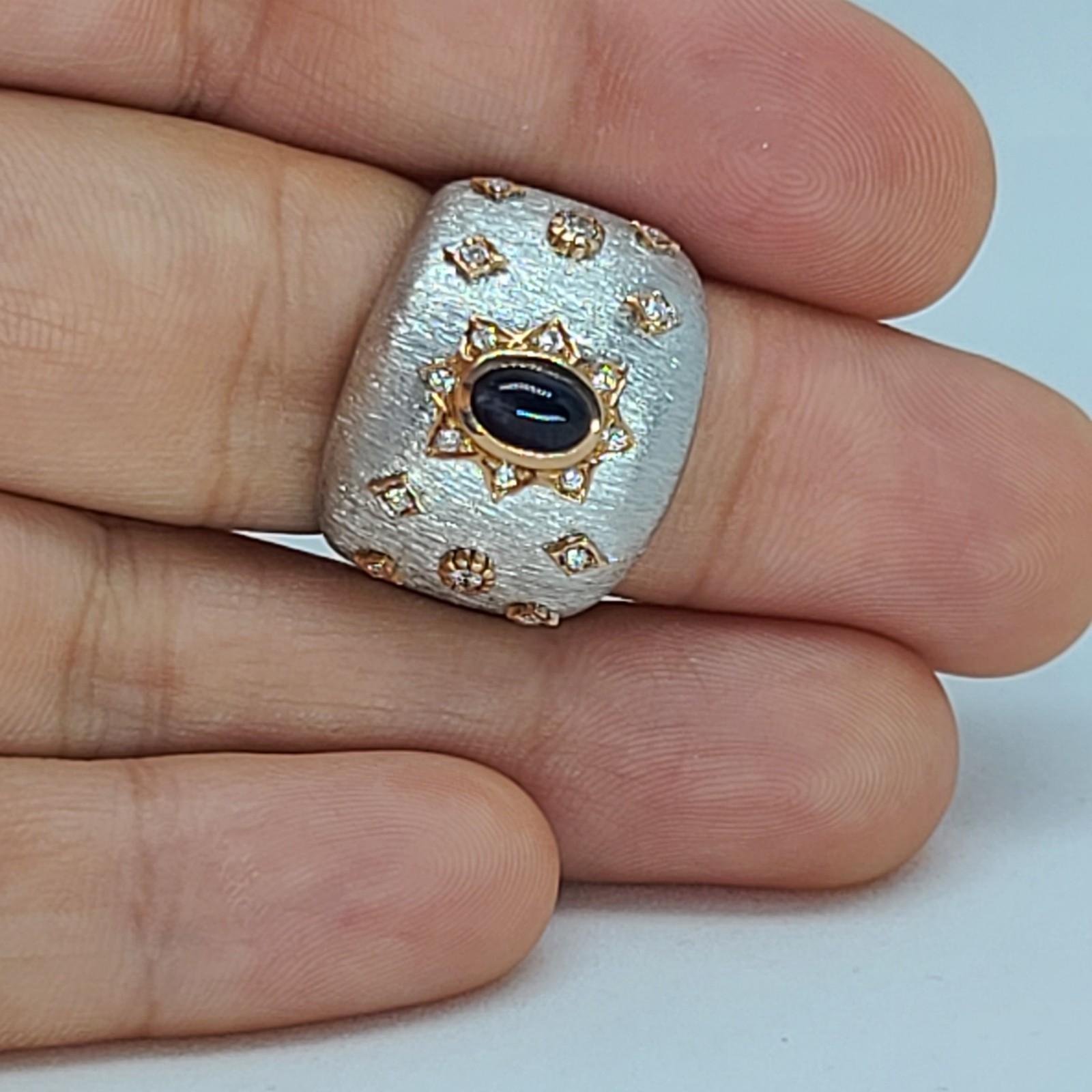 Blue Sapphire 18k White Rose Gold Diamonds Cocktail Ring in Florentine Finish 1