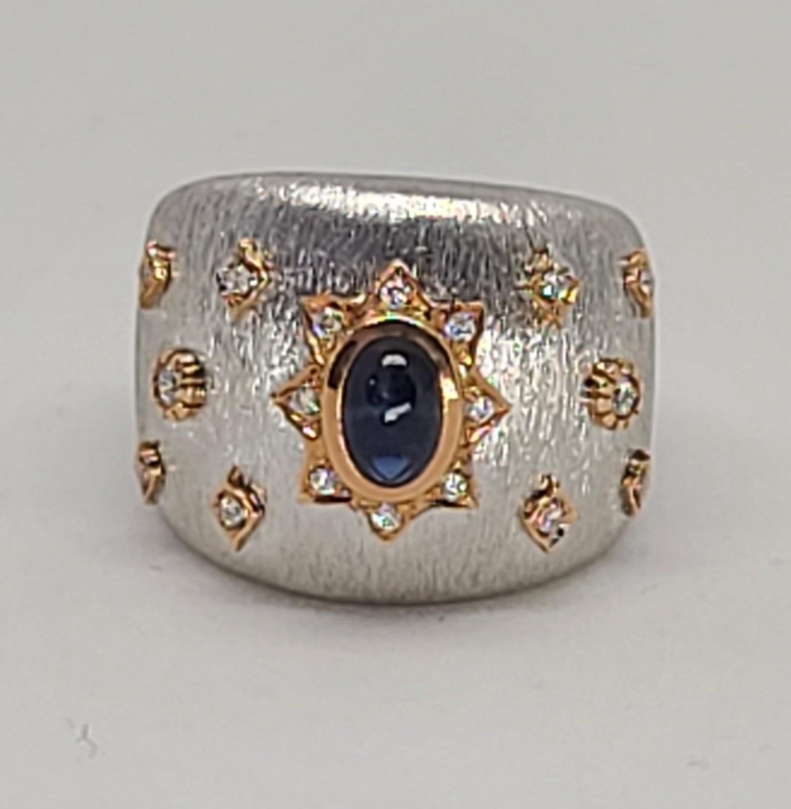 Blue Sapphire 18k White Rose Gold Diamonds Cocktail Ring in Florentine Finish 3