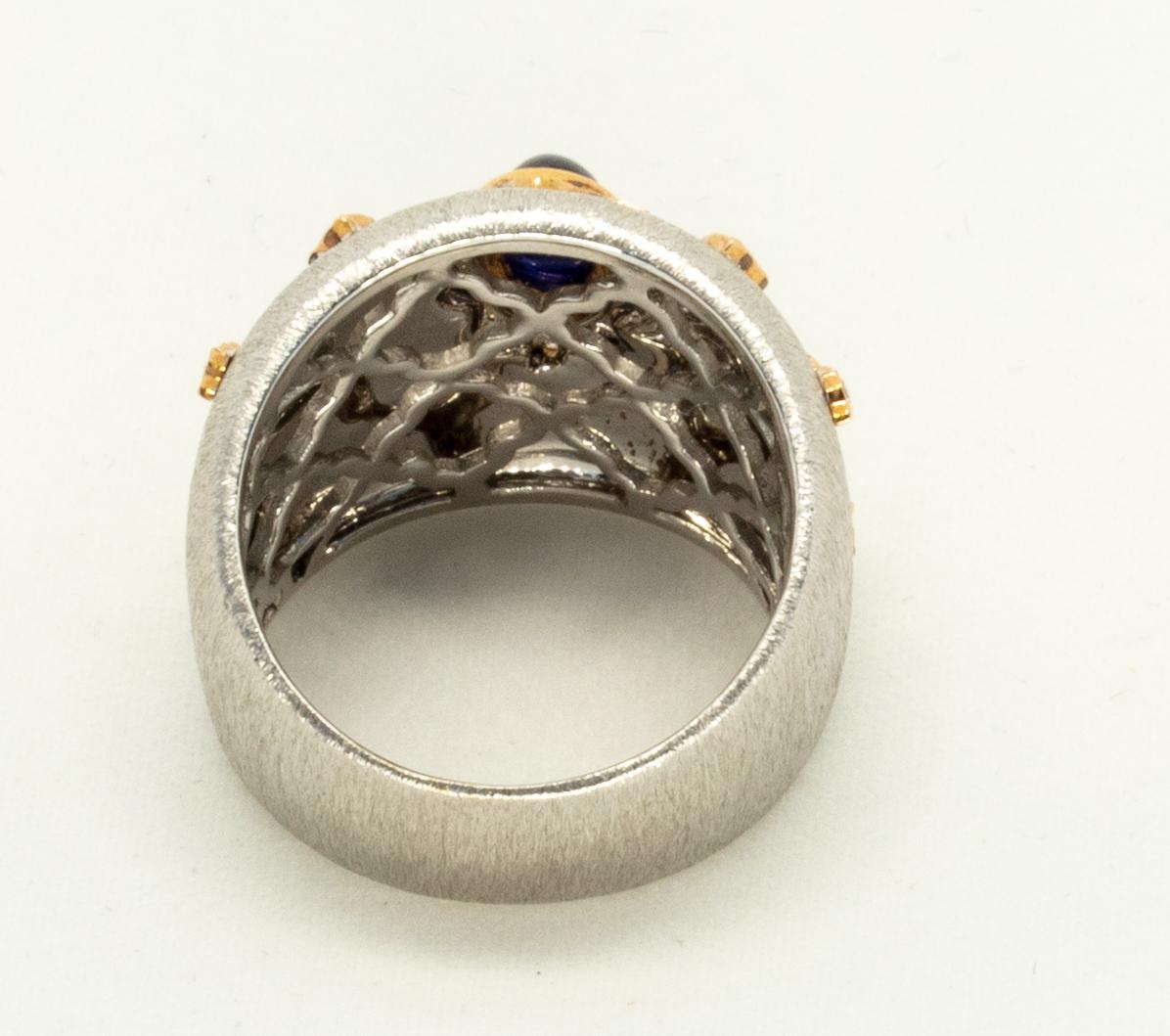 Contemporary Blue Sapphire 18k White Rose Gold Diamonds Cocktail Ring in Florentine Finish