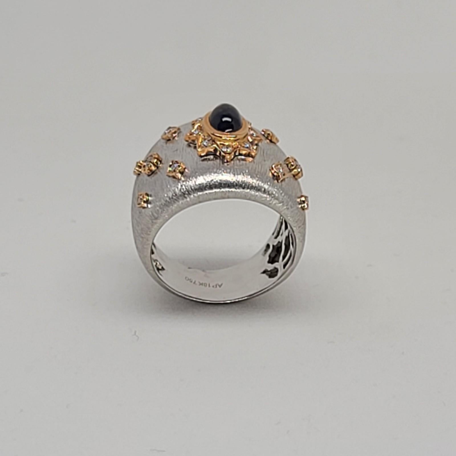 Oval Cut Blue Sapphire 18k White Rose Gold Diamonds Cocktail Ring in Florentine Finish