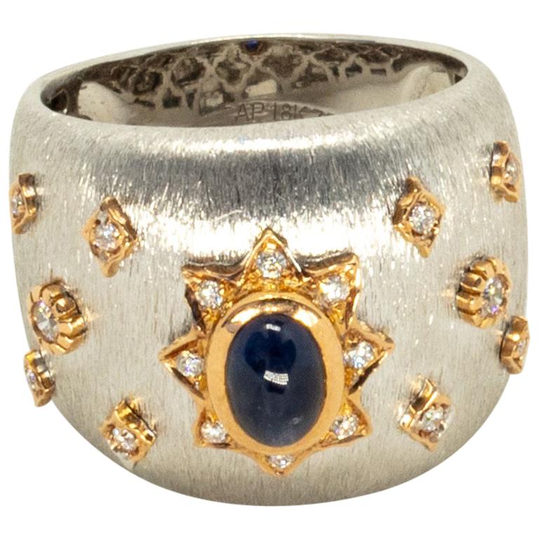 Blue Sapphire 18k White Rose Gold Diamonds Cocktail Ring in Florentine Finish