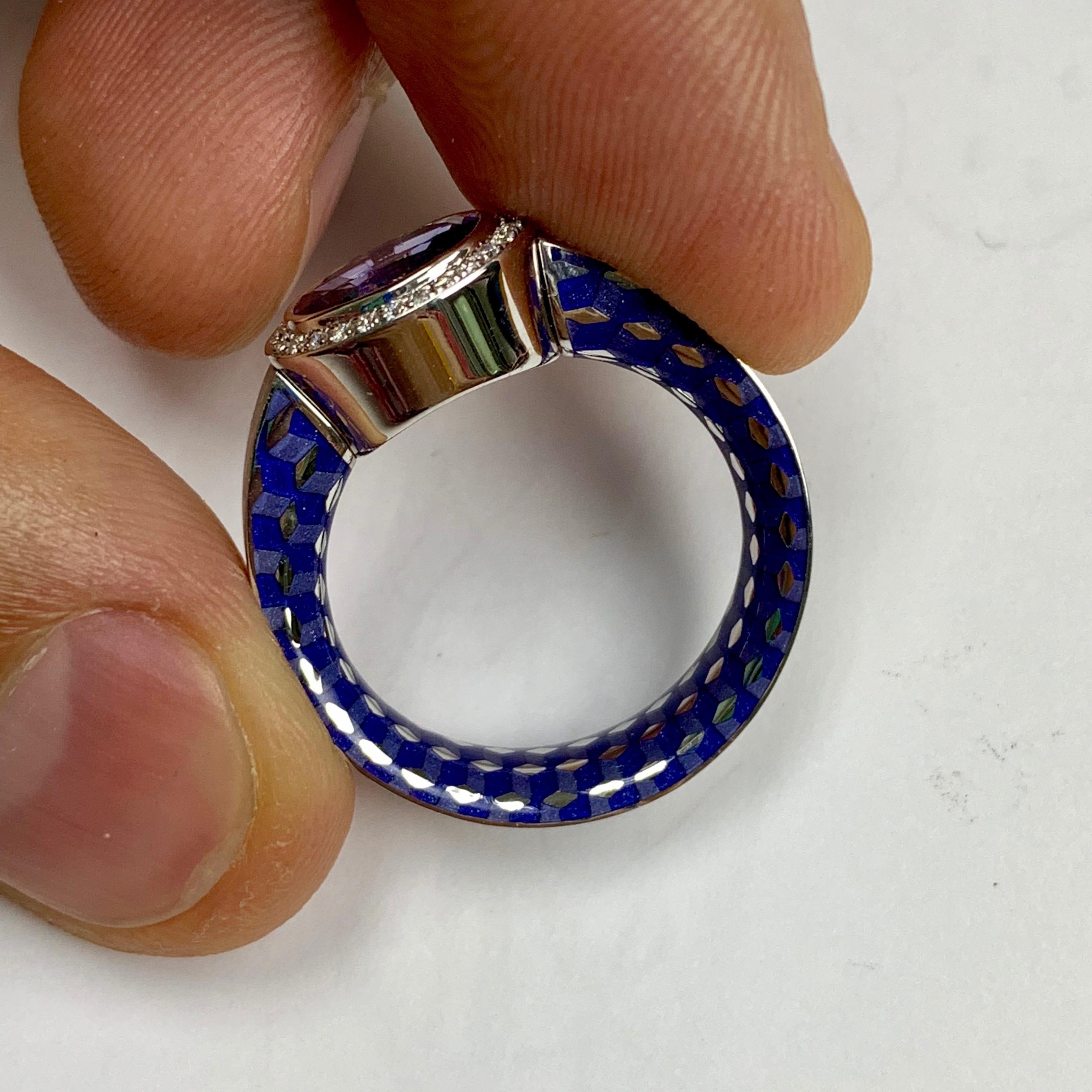 Oval Cut Blue Sapphire 1.91 Carat Diamonds Enamel 18 Karat White Gold Kaleidoscope Ring For Sale