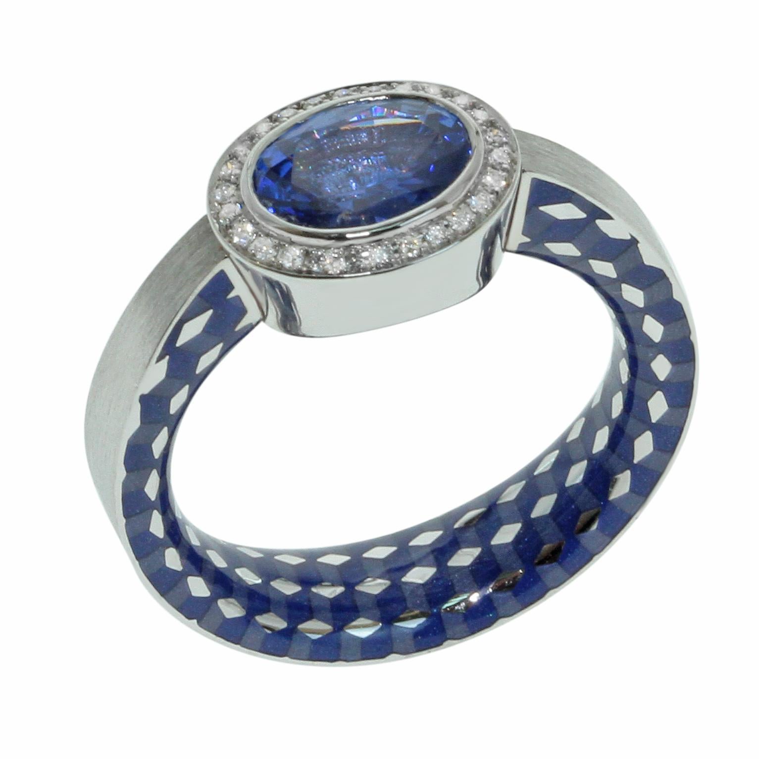 Blue Sapphire 1.91 Carat Diamonds Enamel 18 Karat White Gold Kaleidoscope Ring For Sale
