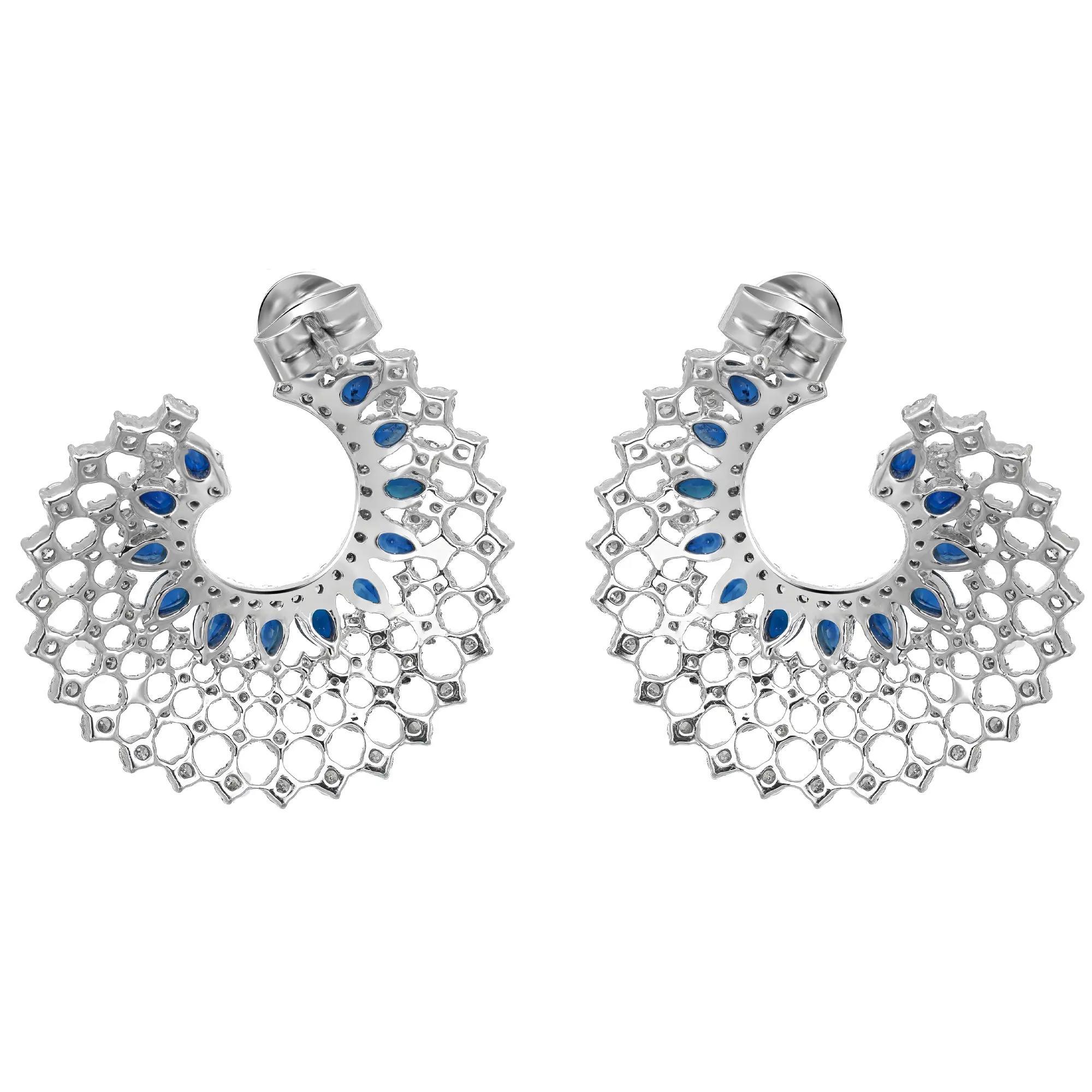 Modern Blue Sapphire 2.07Ctw And Diamond 2.45Ctw Hoop Earrings 14K White Gold For Sale