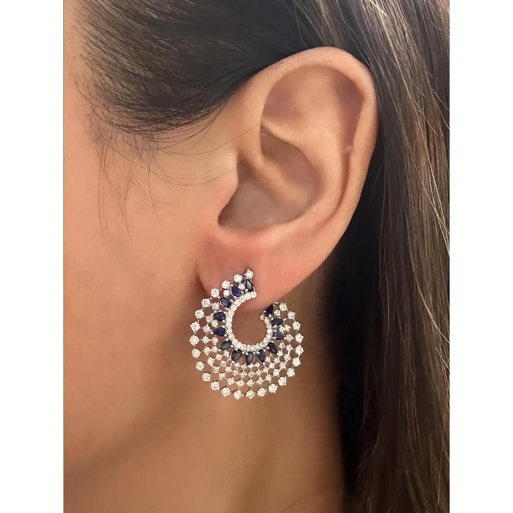 Round Cut Blue Sapphire 2.07Ctw And Diamond 2.45Ctw Hoop Earrings 14K White Gold For Sale