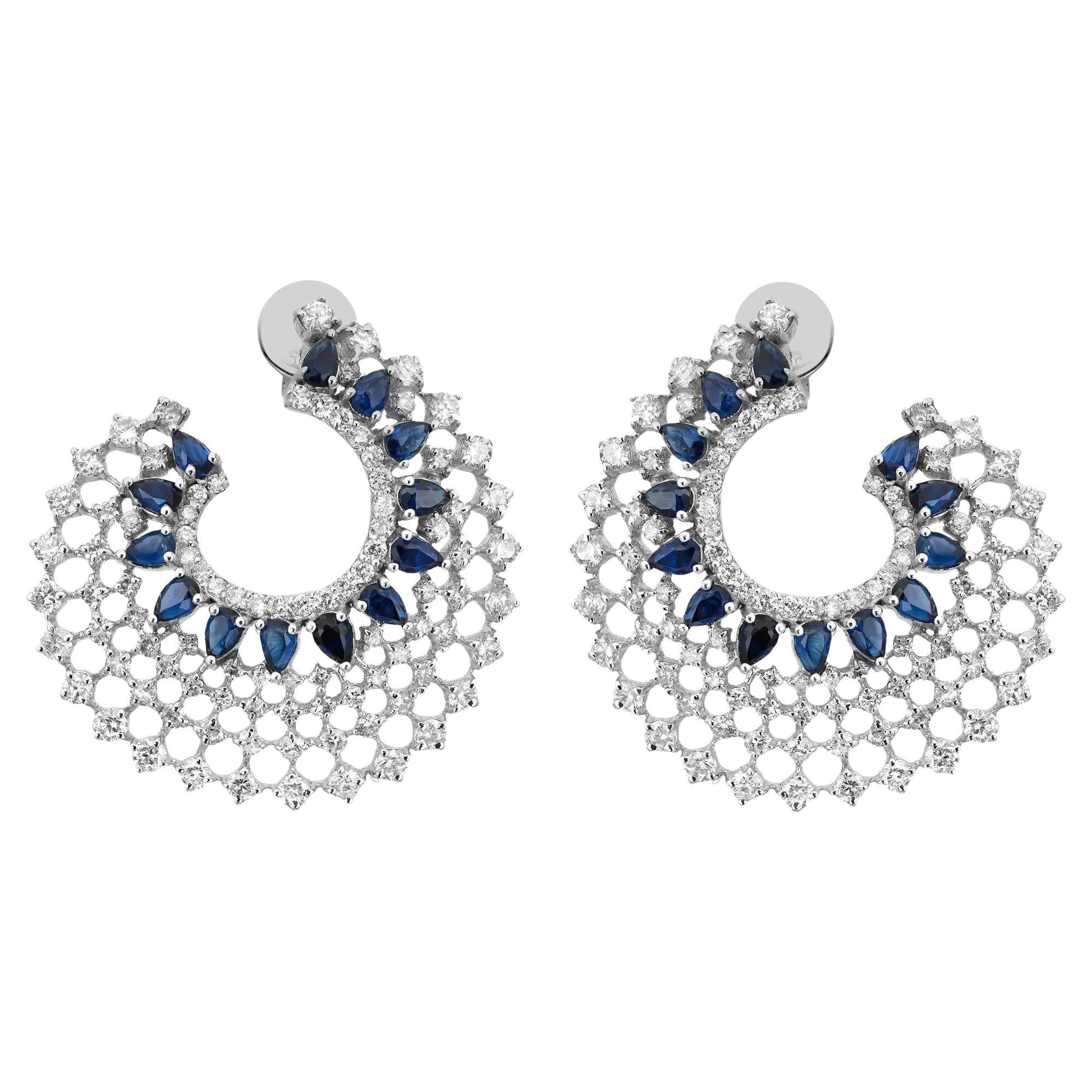 Blue Sapphire 2.07Ctw And Diamond 2.45Ctw Hoop Earrings 14K White Gold For Sale