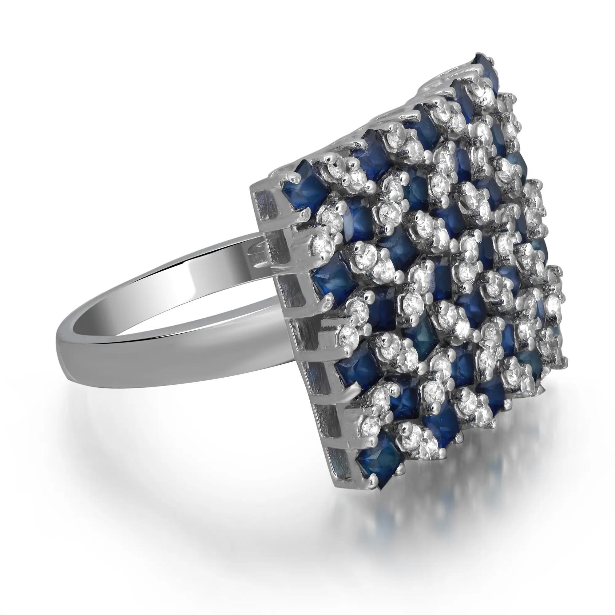 Princess Cut Blue Sapphire 2.44Ctw and Diamond 0.56Ctw Cocktail Ring 14K White Gold Size 6.75 For Sale