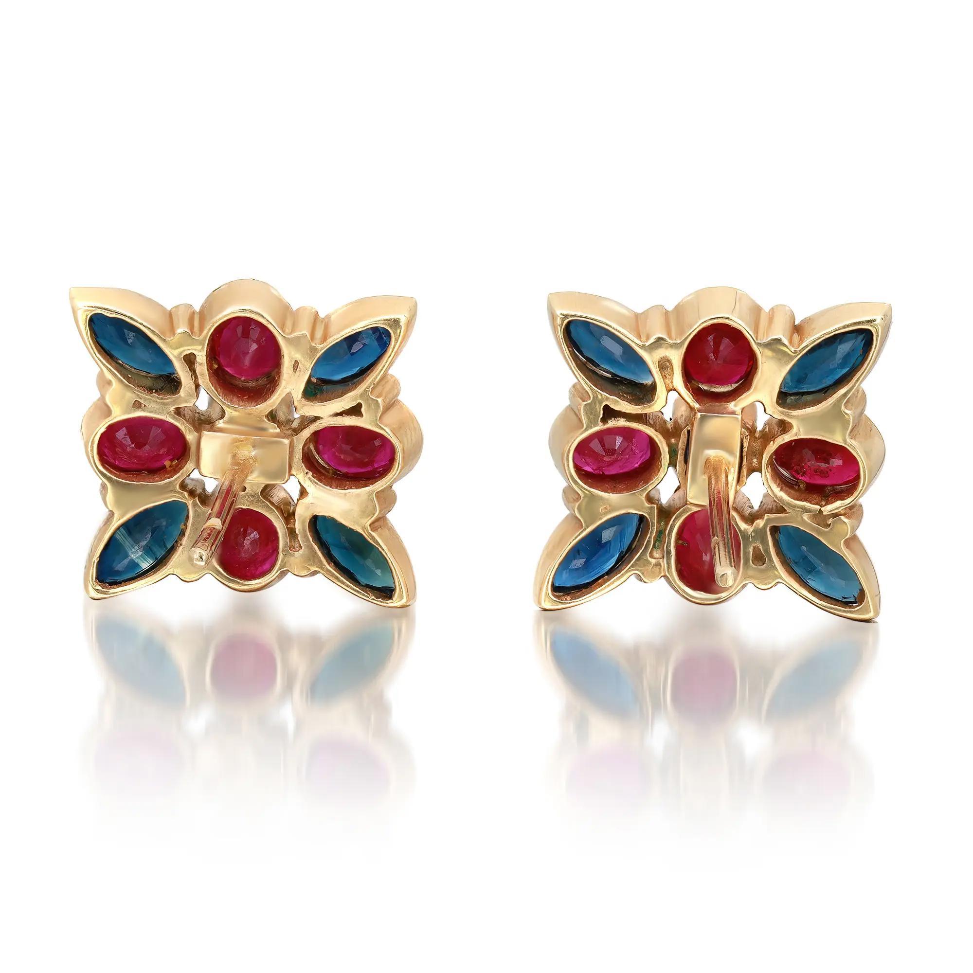 Ohrstecker 18K Gelbgold mit blauem Saphir 2,73 Gesamtkaratgewicht und Rubin 3,00 Gesamtkaratgewicht (Moderne) im Angebot