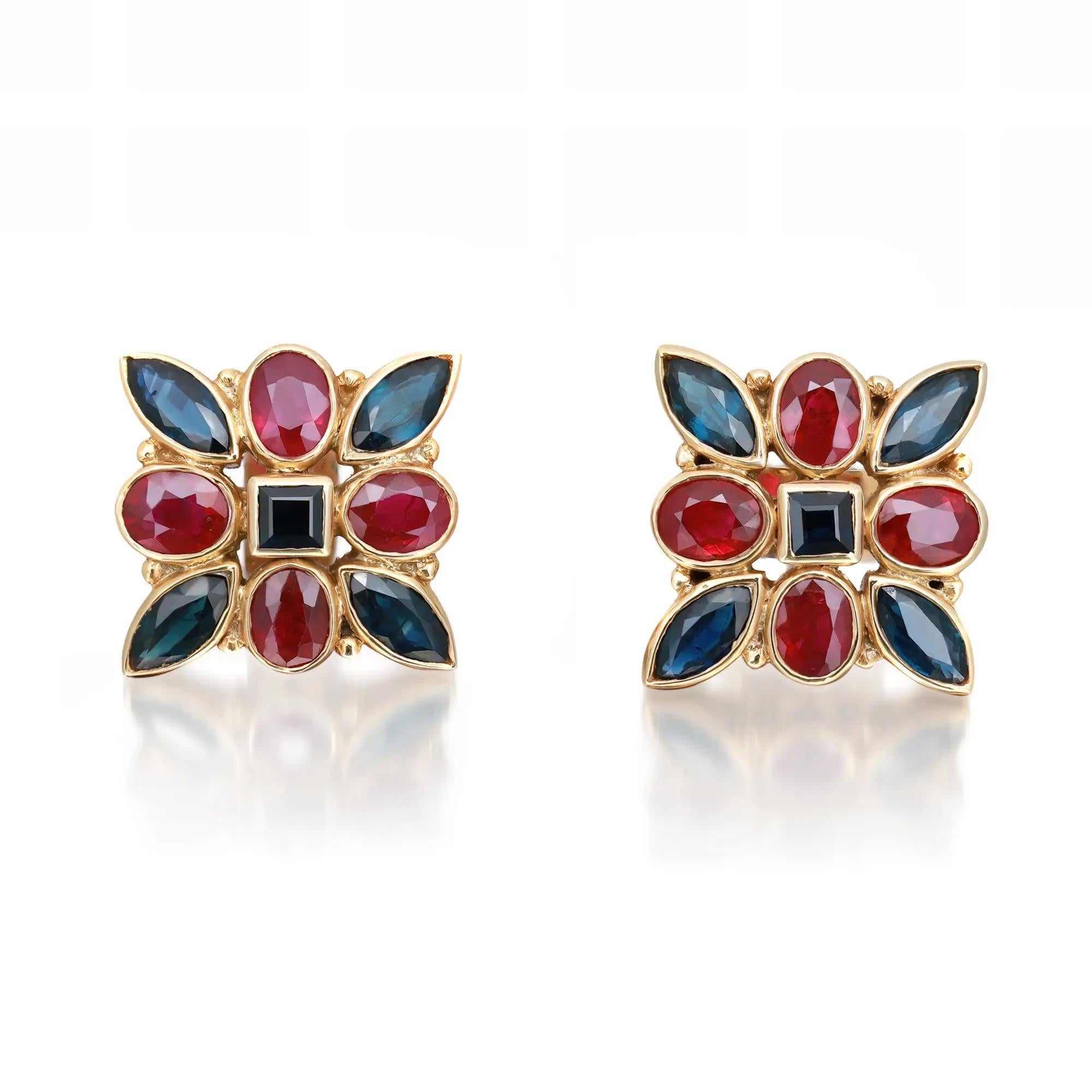 Blue Sapphire 2.73Cttw And Ruby 3.00Cttw Stud Earrings 18K Yellow Gold