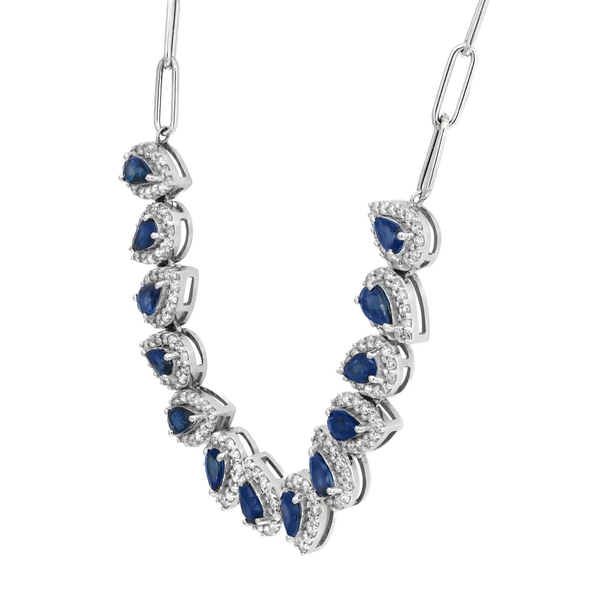 An excellent pick for weddings or any special events or everyday wear. This blue sapphire and diamond necklace is crafted in 14K white gold, featuring 13 prong set pear shape blue sapphires with a halo of round brilliant cut sparkling diamonds.