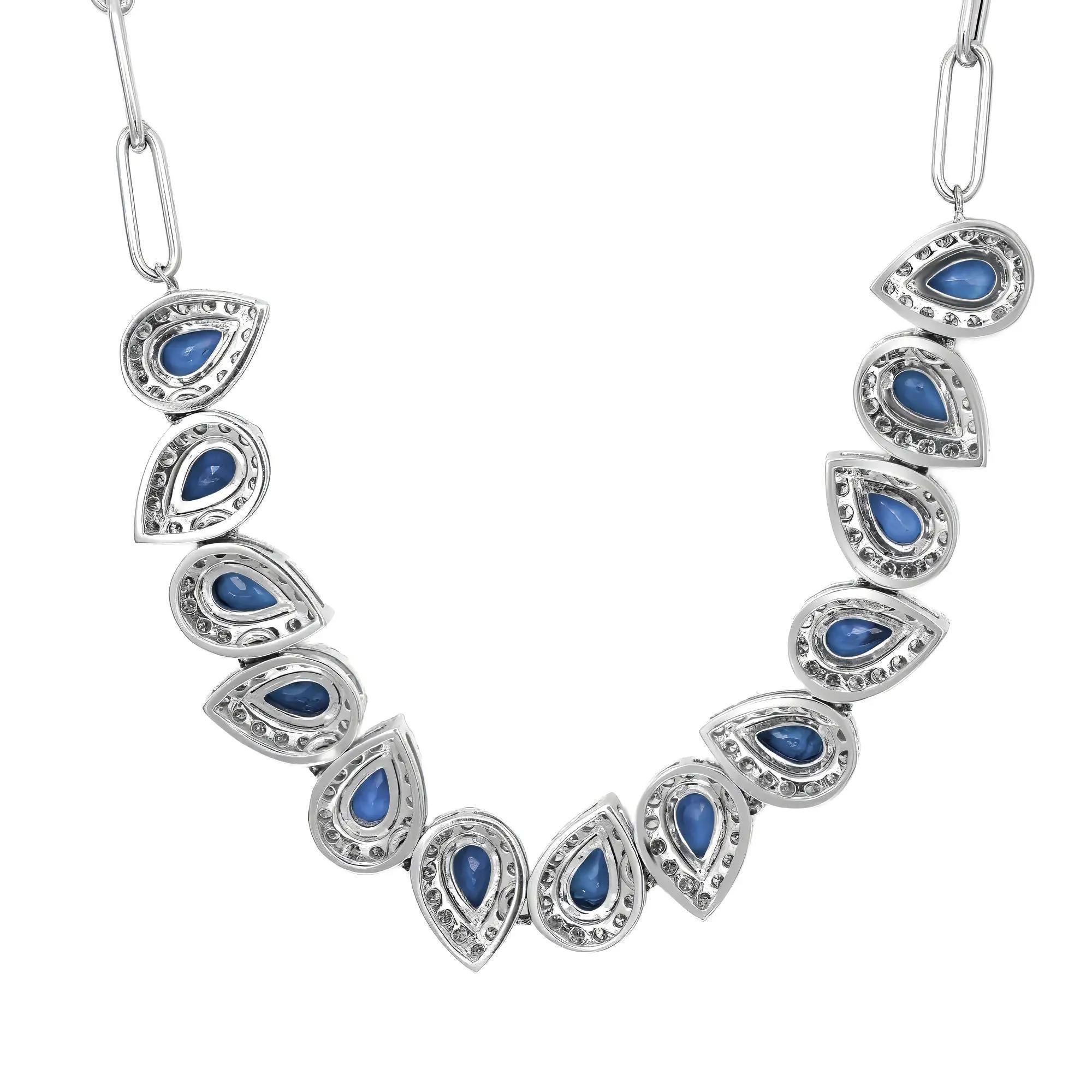 Modern Blue Sapphire 2.77Ctw and Diamond 1.28Ctw Necklace 14K White Gold 17 Inches For Sale