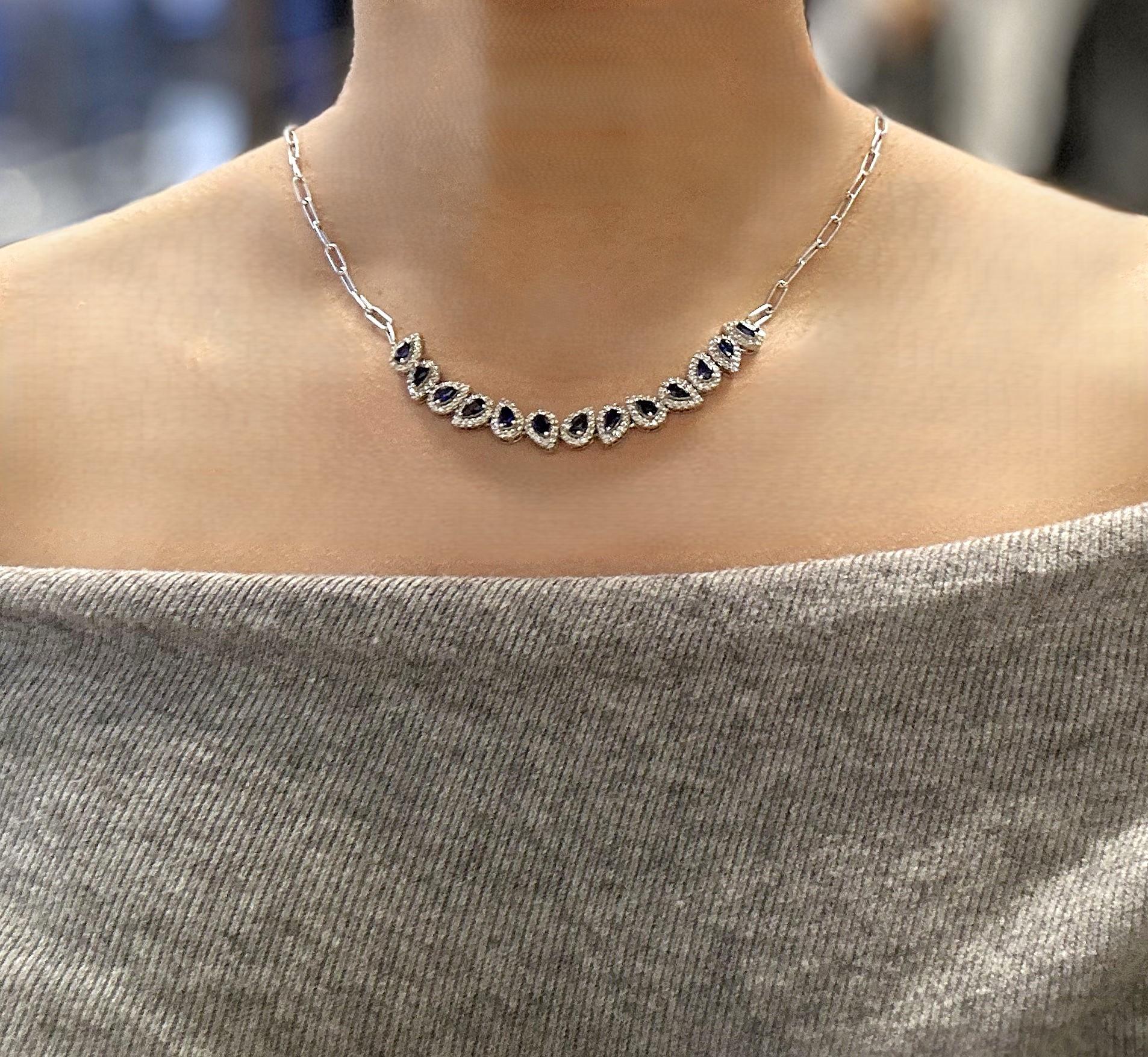 Women's Blue Sapphire 2.77Ctw and Diamond 1.28Ctw Necklace 14K White Gold 17 Inches For Sale