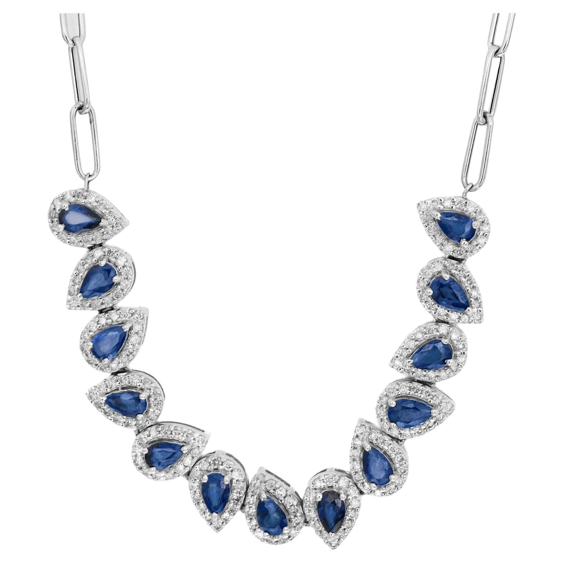 Blue Sapphire 2.77Ctw and Diamond 1.28Ctw Necklace 14K White Gold 17 Inches