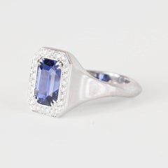 Blue Sapphire 3.43 Carat Emerald Cut 18 Karat White Gold Brushed Ring
