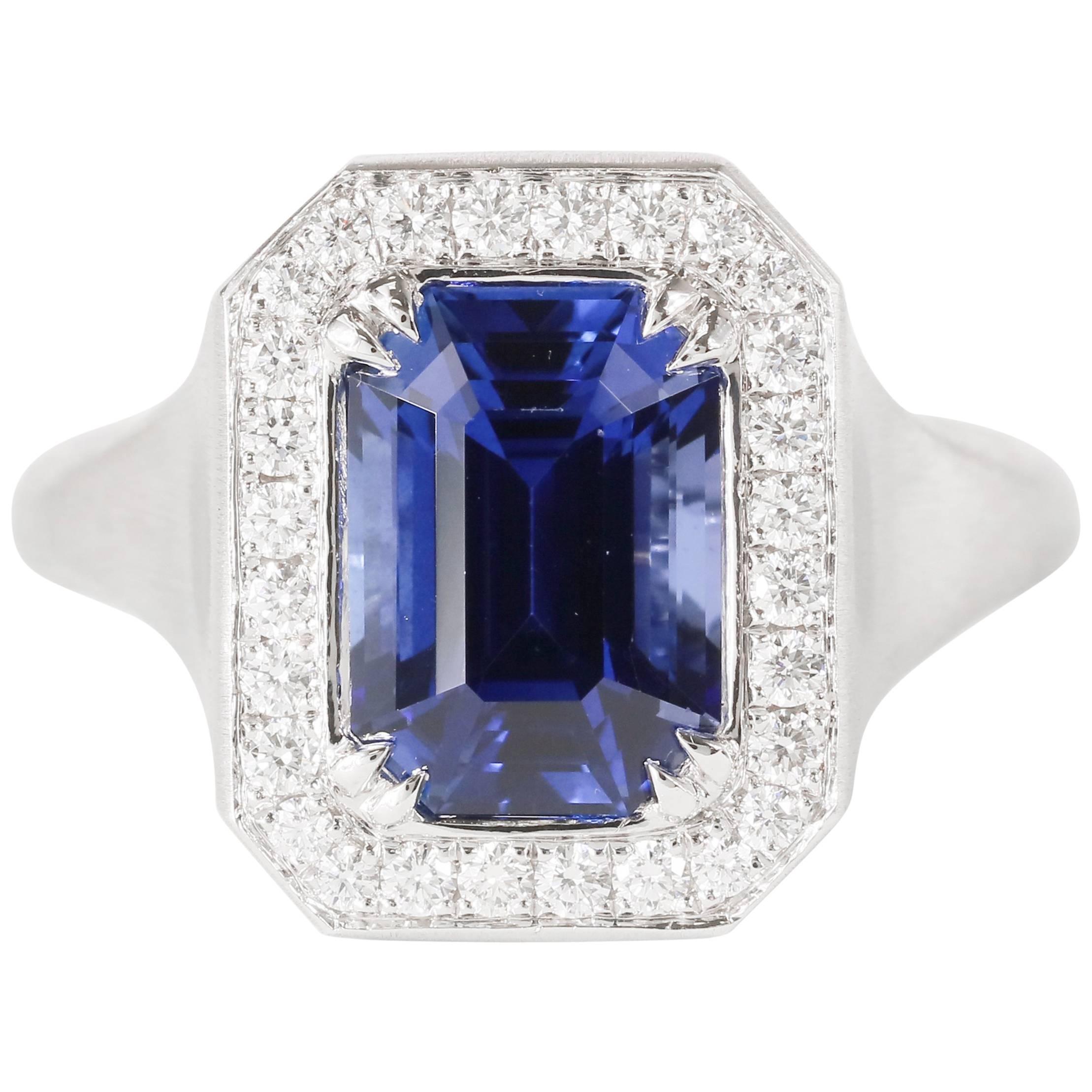 Blue Sapphire 3.43 Carat Emerald Cut 18 Karat White Gold Brushed Ring ...