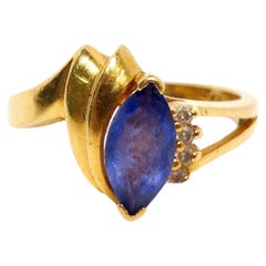 Zafiro azul y 4 diamantes Anillo vintage de oro de 14k