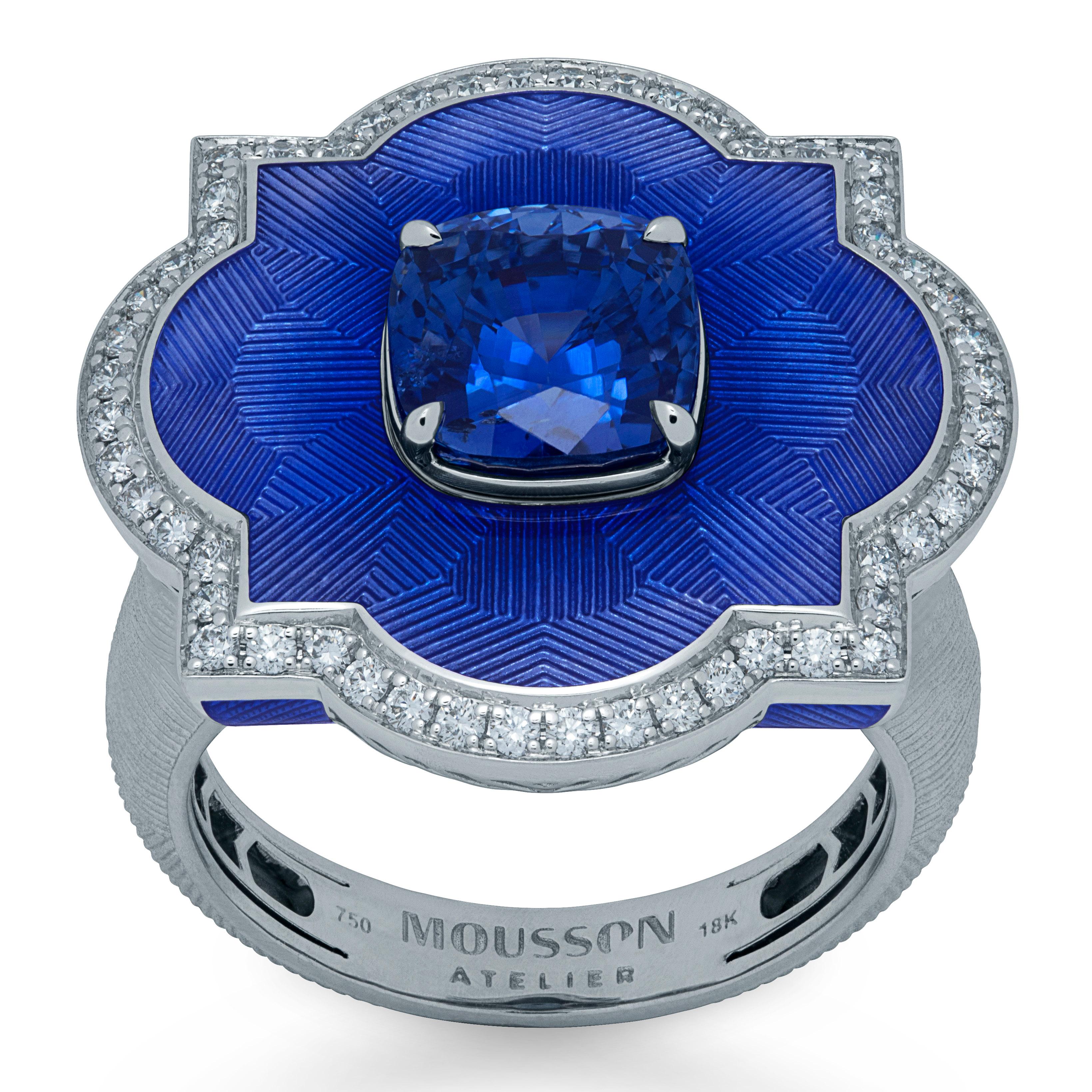 Blue Sapphire 4.04 Carat Diamonds Enamel 18 Karat White Gold Cocktail Ring
Designers again beat our trademark 