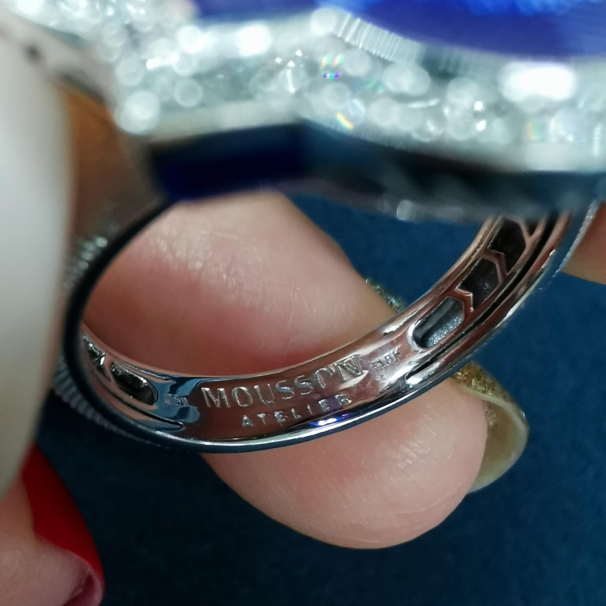 Emerald Cut Blue Sapphire 4.04 Carat Diamonds Enamel 18 Karat White Gold Cocktail Ring For Sale