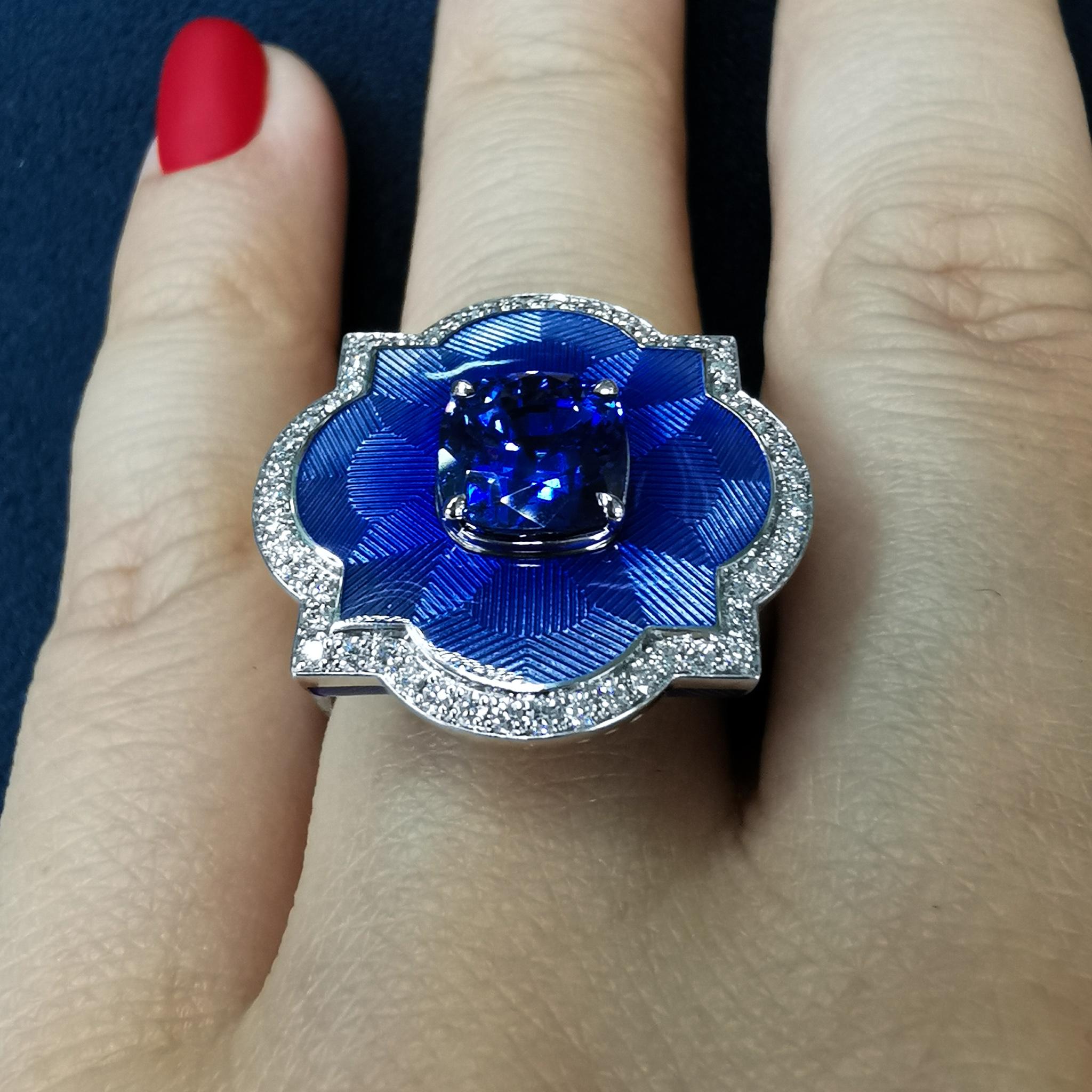 Women's Blue Sapphire 4.04 Carat Diamonds Enamel 18 Karat White Gold Cocktail Ring For Sale