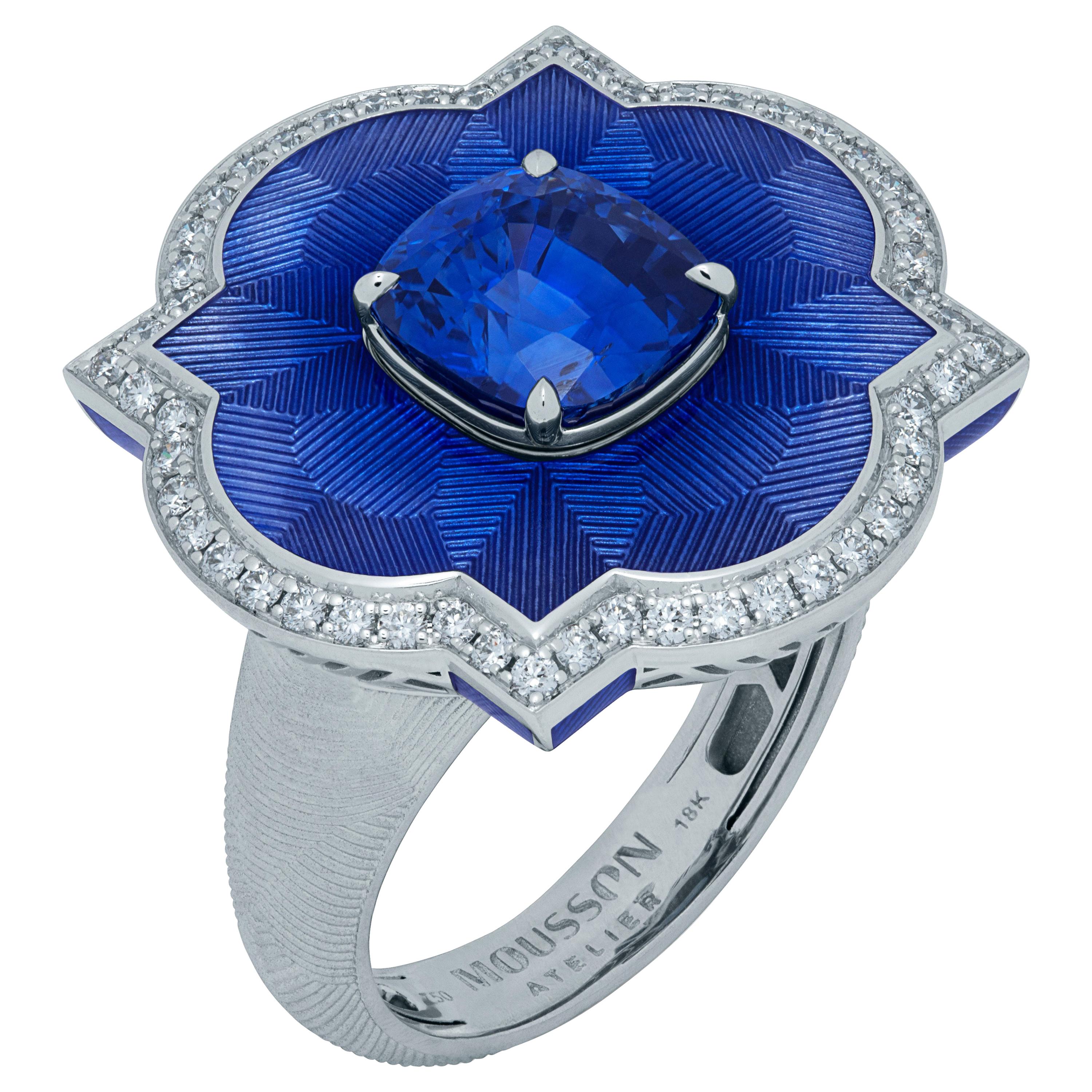 Blue Sapphire 4.04 Carat Diamonds Enamel 18 Karat White Gold Cocktail Ring