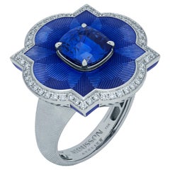 Bague cocktail en or blanc 18 carats avec saphir bleu et diamants de 4,04 carats et émail