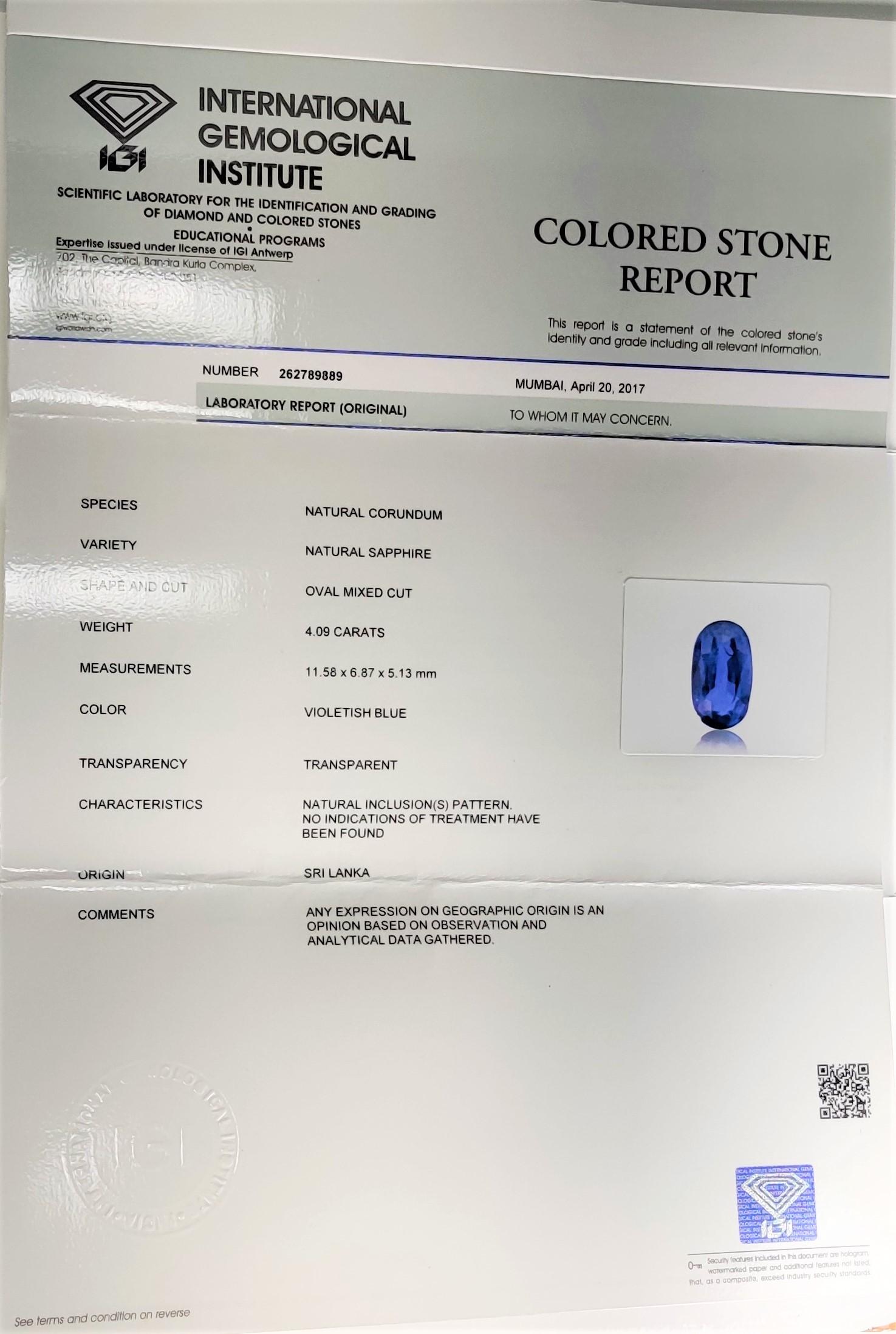 Natural 4.09 Carat Blue Sapphire IGI Certified In New Condition For Sale In Vadgam, GJ