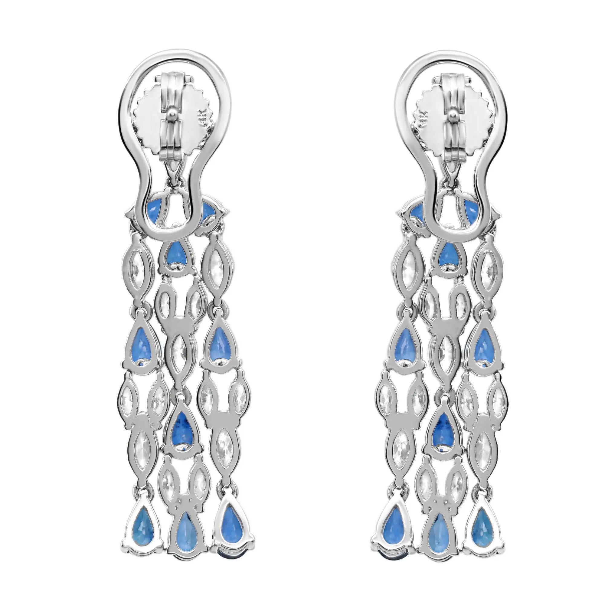 Moderne Boucles d'oreilles chandelier en or blanc 14K avec saphir bleu 4.28Ctw et diamant 2.47Ctw en vente