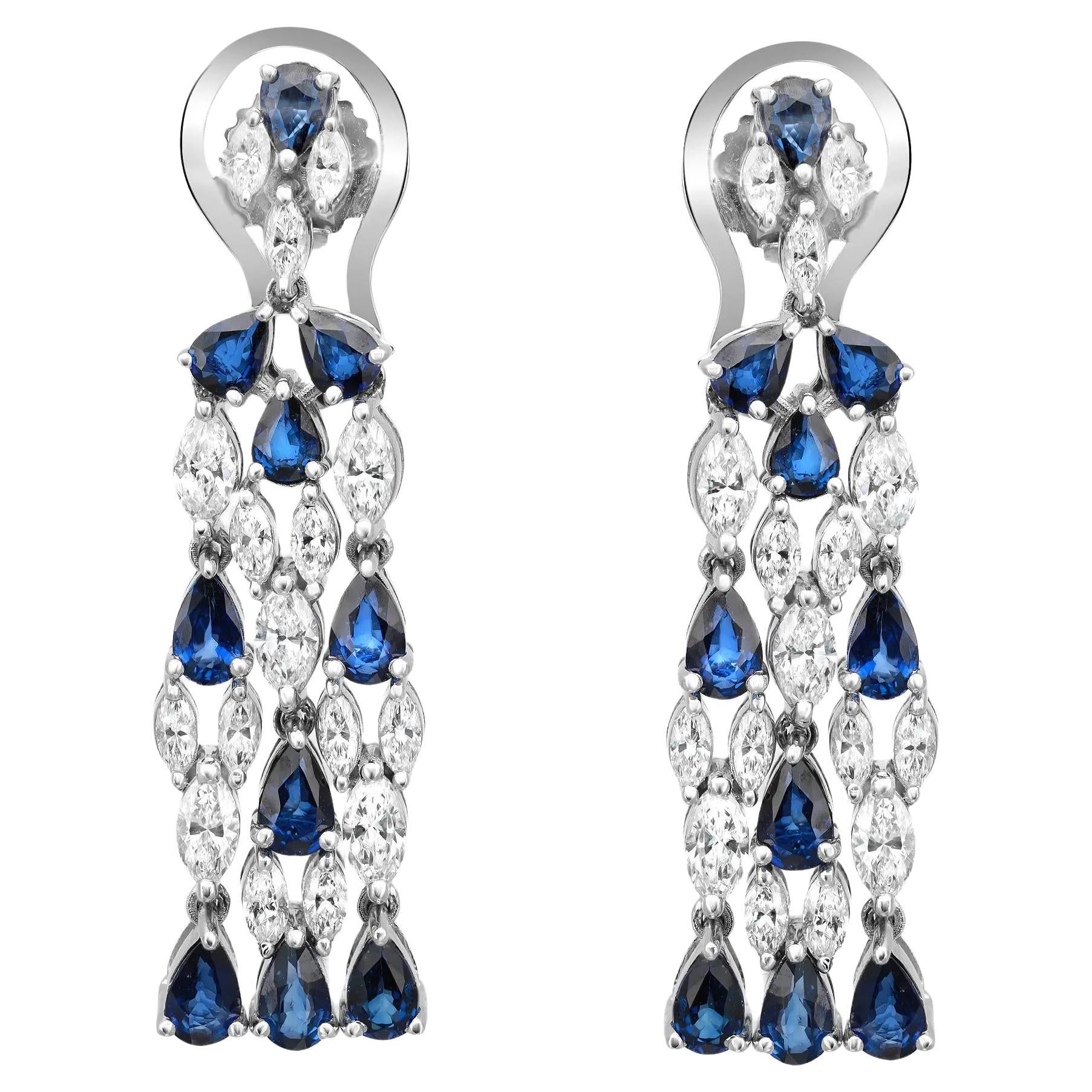 Blue Sapphire 4.28Ctw & Diamond 2.47Ctw Chandelier Drop Earrings 14K White Gold