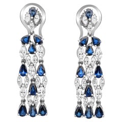 Blue Sapphire 4.28Ctw & Diamond 2.47Ctw Chandelier Drop Earrings 14K White Gold