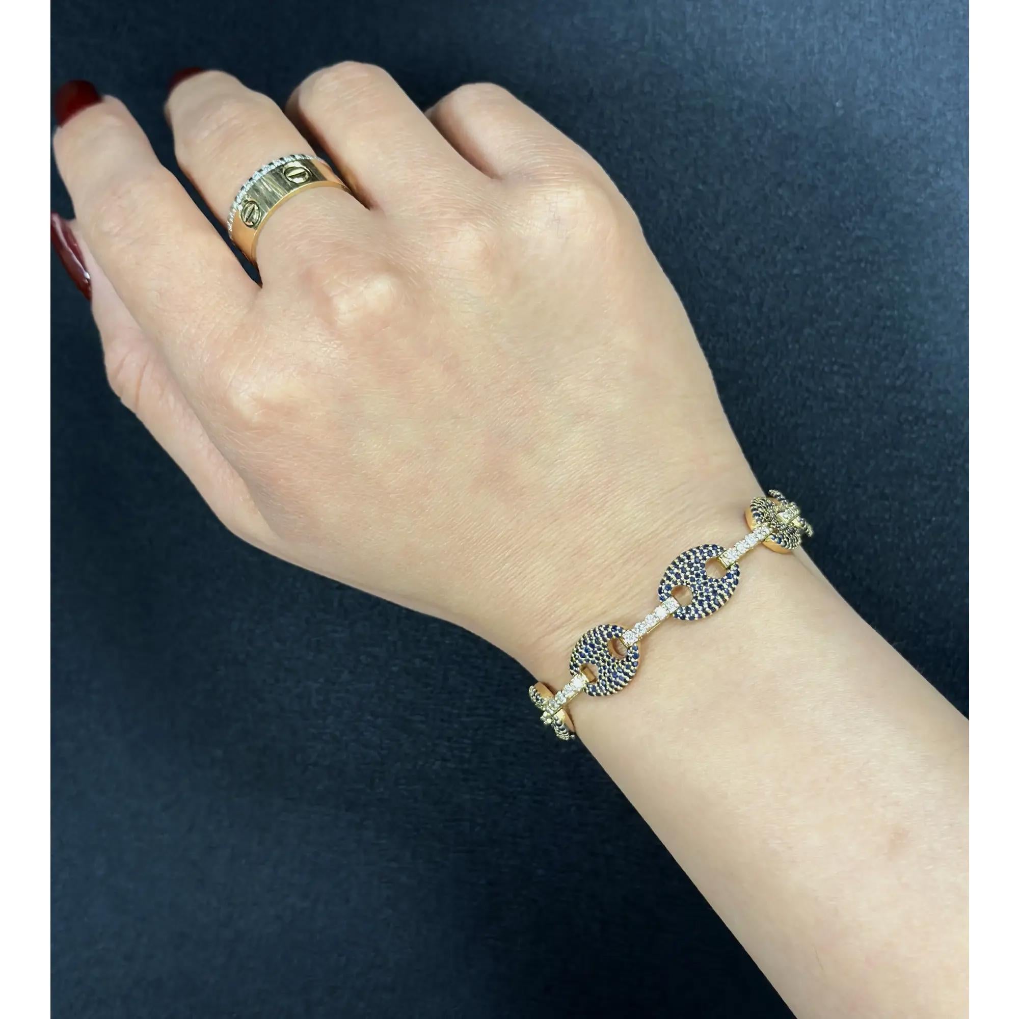 Taille ronde Bracelet tennis à maillons en or jaune 14 carats avec saphir bleu 5,30 carats et diamants 1,38 carat en vente