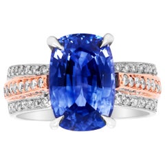 Blue Sapphire 5.41 Carat Cushion Cut and Diamond Rose Gold and Platinum Ring