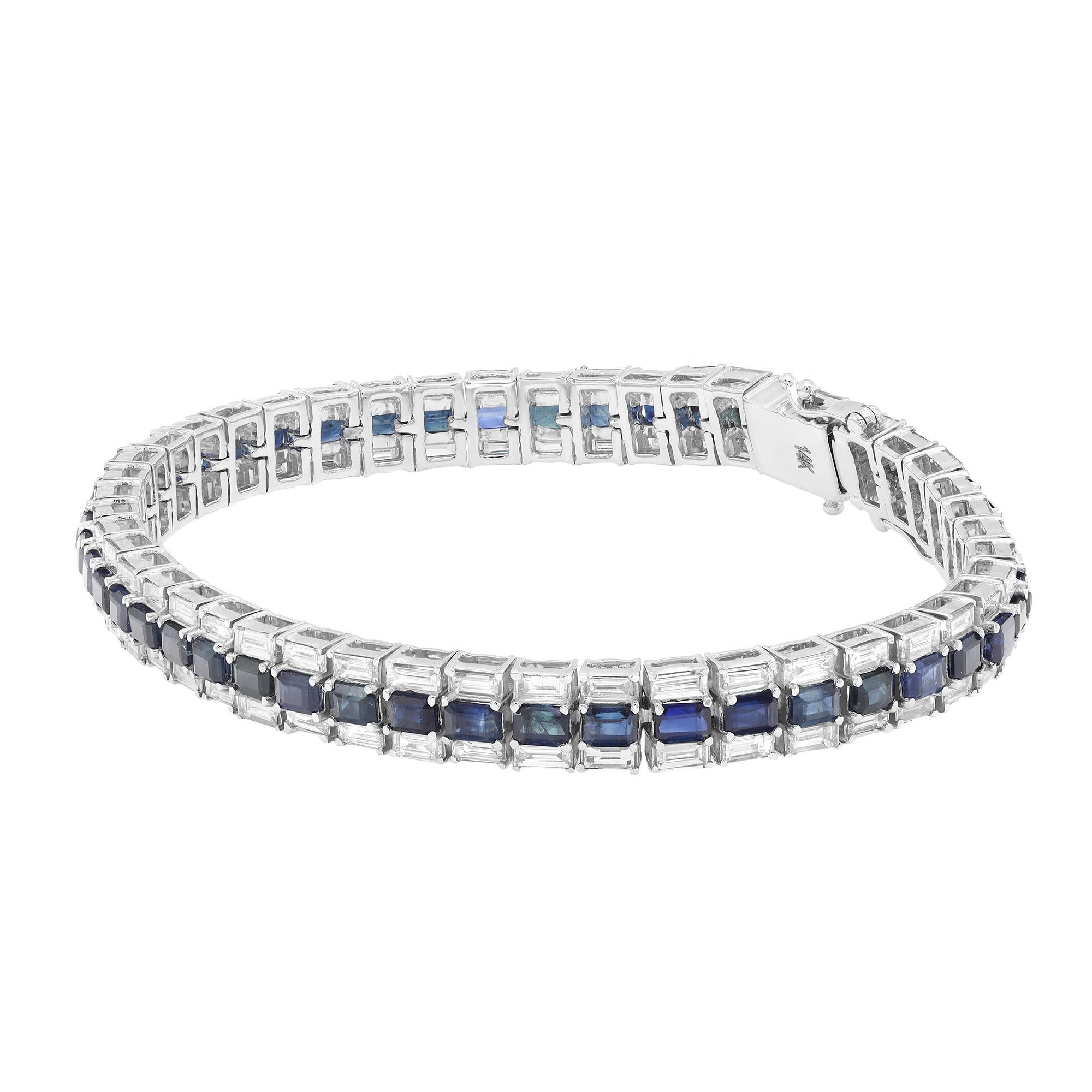 This beautifully crafted tennis bracelet features a center line of baguette cut blue sapphires accented by baguette cut diamonds along the borders of the bracelet in four prong setting. Crafted in 14K white gold. Total diamond weight: 4.37 carats.