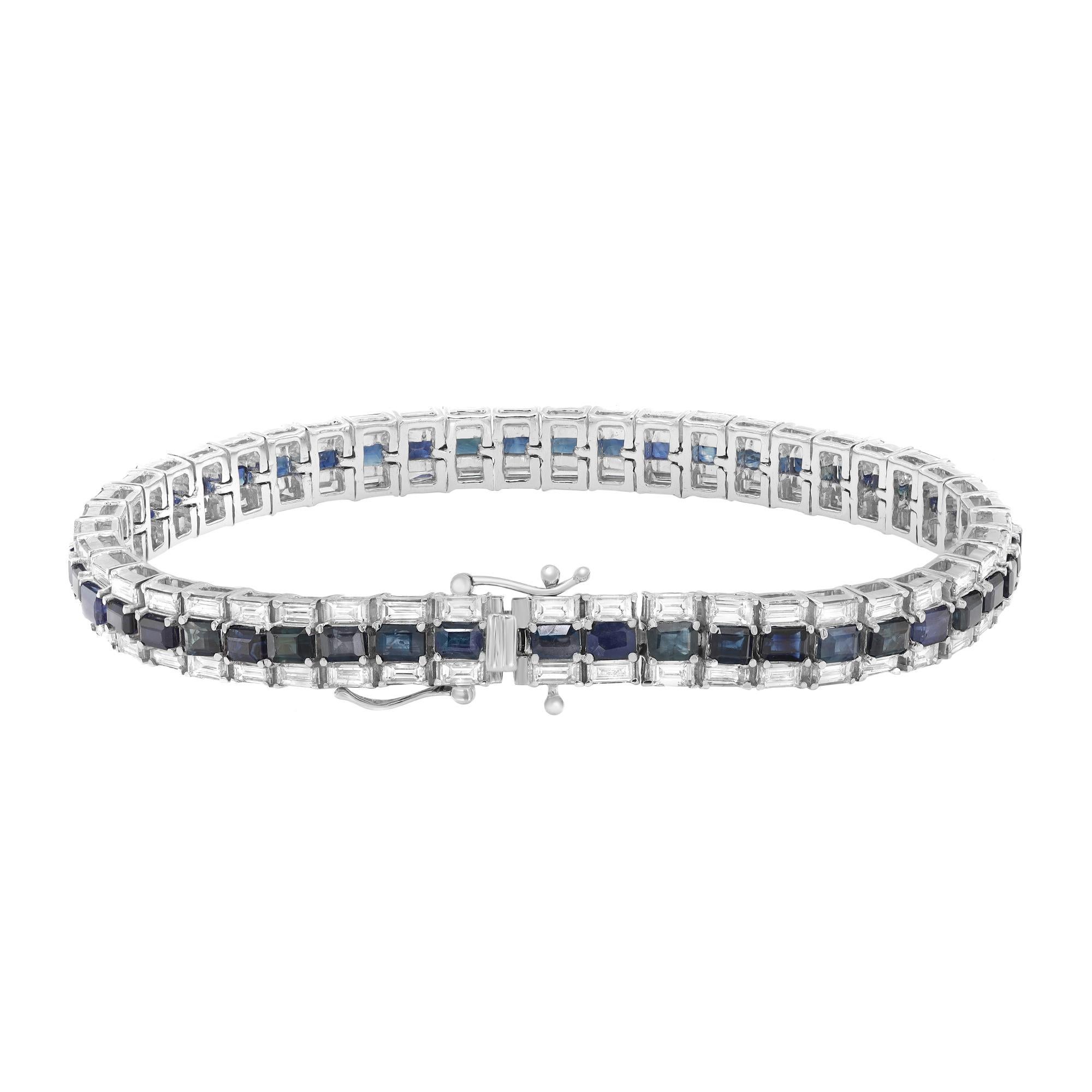 Modern Blue Sapphire 8.68ct White Diamond 4.37ct Tennis Bracelet 14K White Gold For Sale
