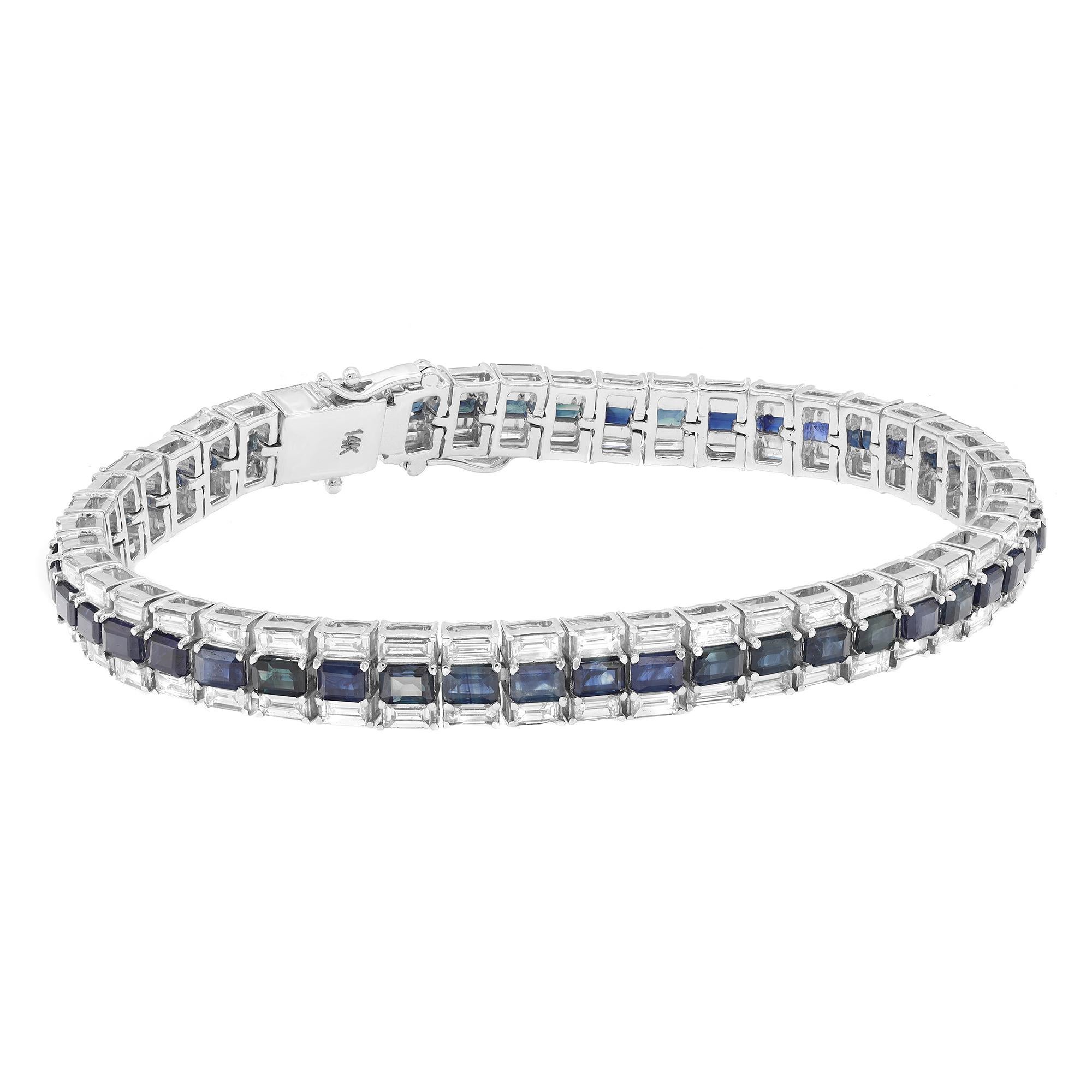 Baguette Cut Blue Sapphire 8.68ct White Diamond 4.37ct Tennis Bracelet 14K White Gold For Sale