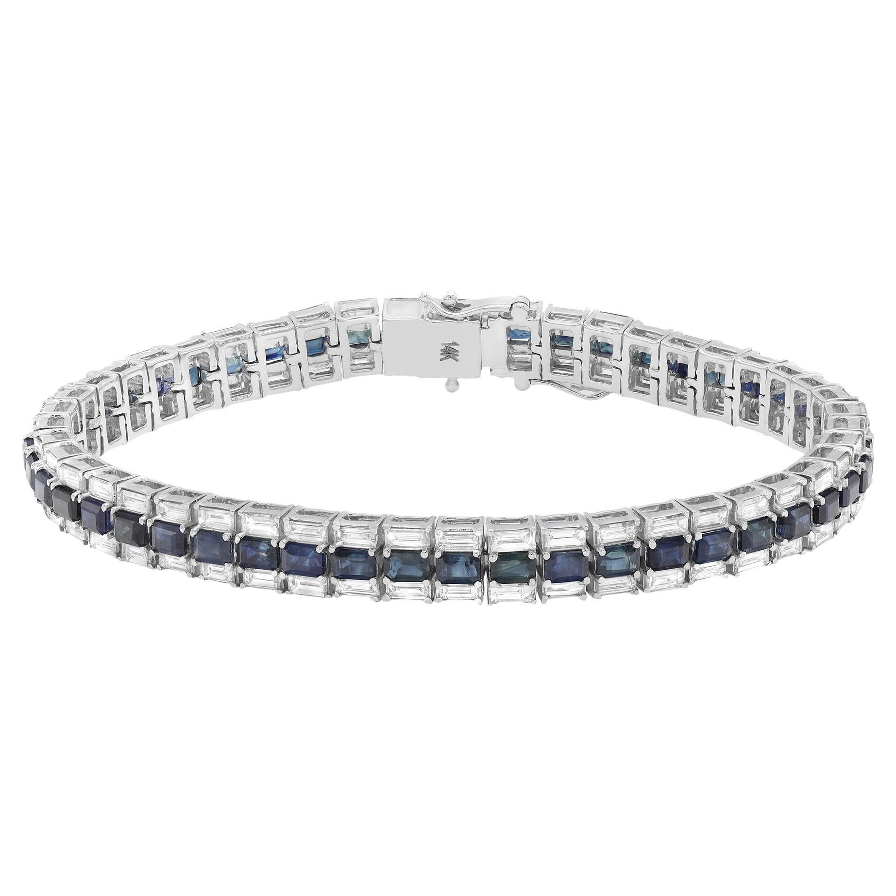 Blue Sapphire 8.68ct White Diamond 4.37ct Tennis Bracelet 14K White Gold For Sale