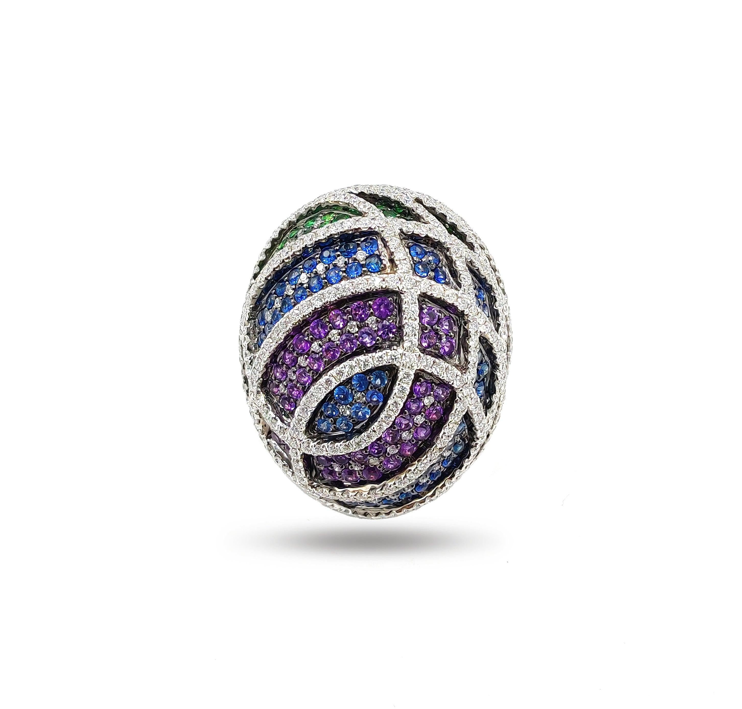 For Sale:  Blue Sapphire Amethyst Tsavorite Diamond 18 Karat Gold Bombe Ring 4