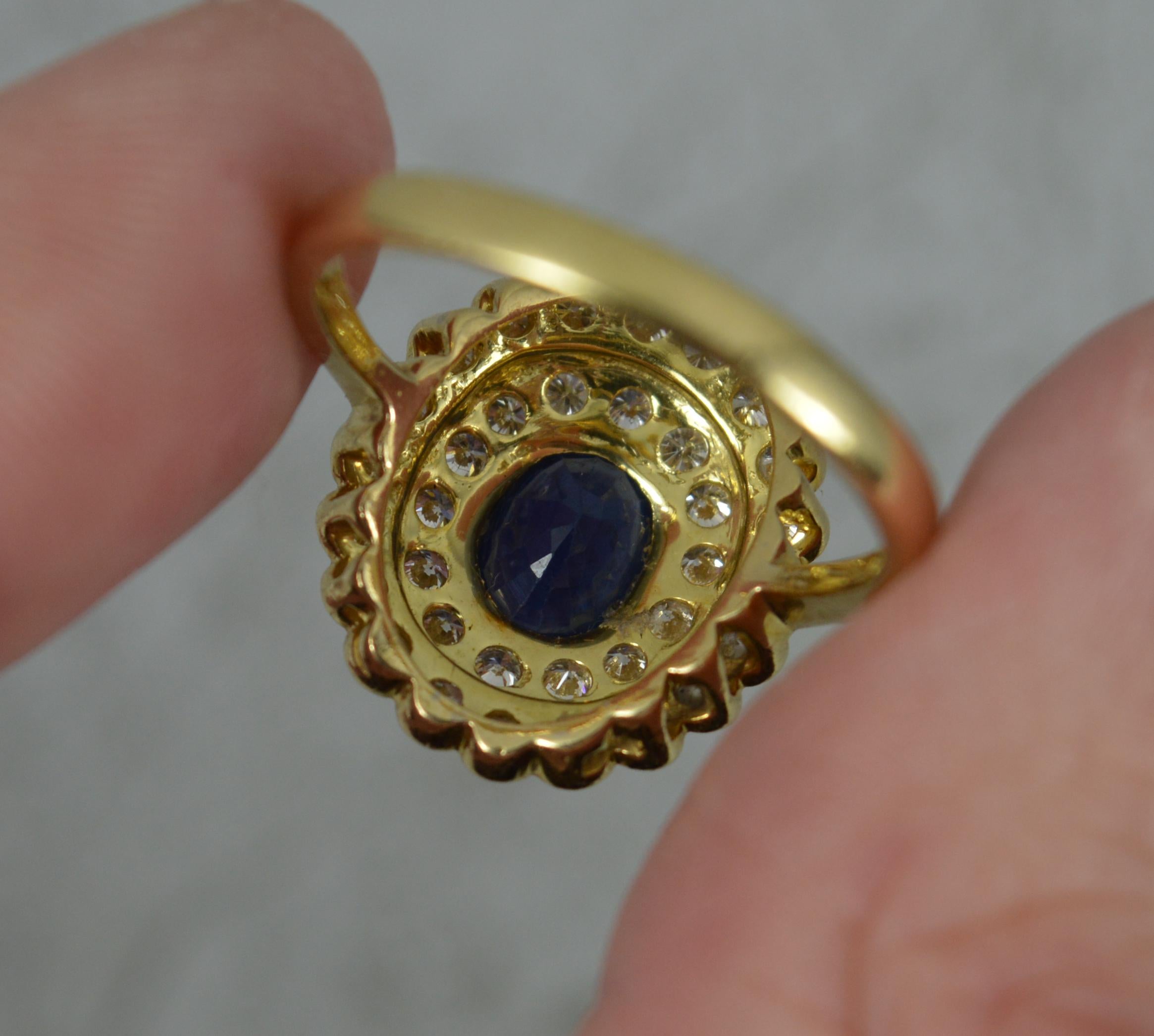 Blue Sapphire and 1.00ct Diamond 18ct Gold Cluster Ring In Excellent Condition In St Helens, GB