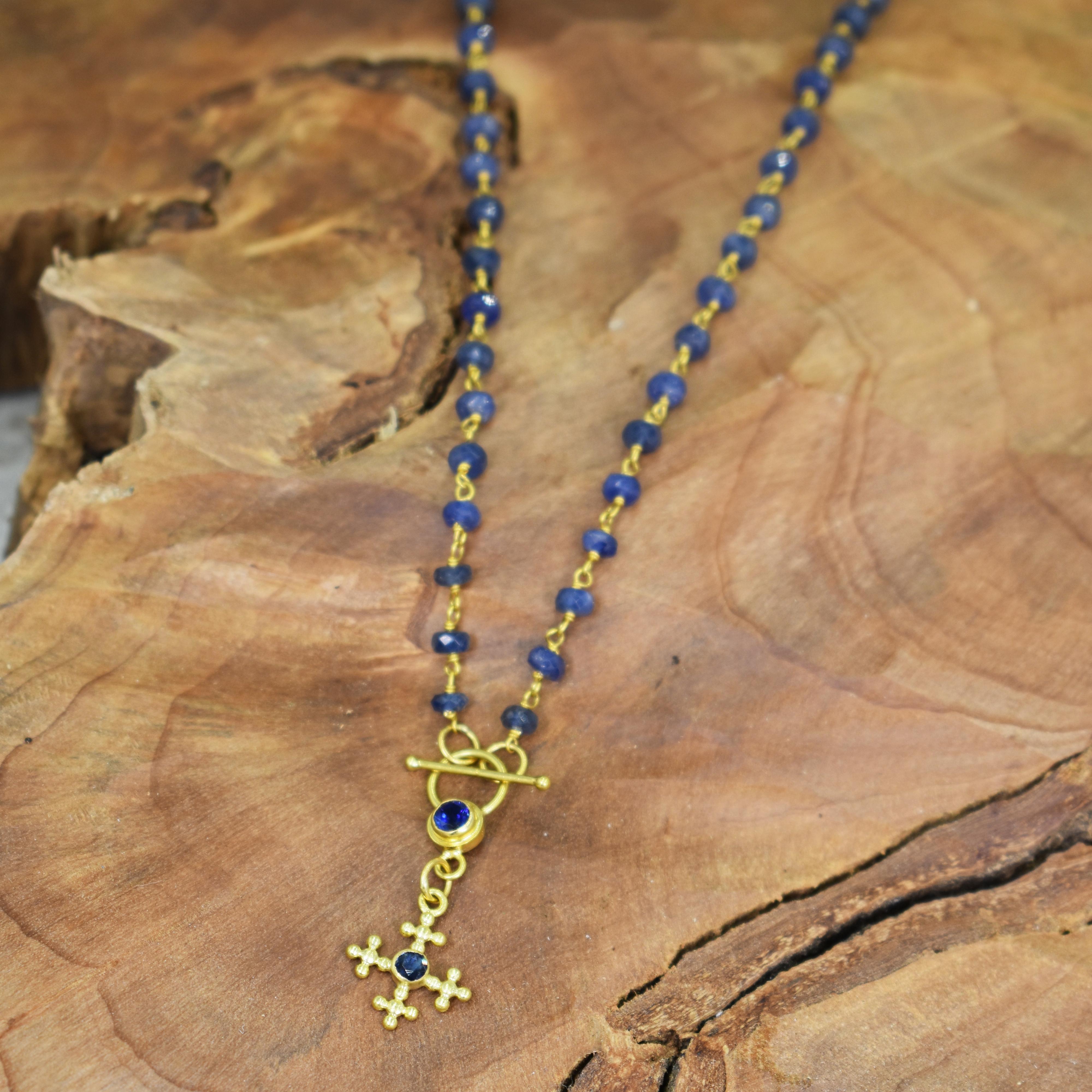 Contemporary Blue Sapphire and 18 Karat Gold Cross Pendant on Beaded Chain Necklace