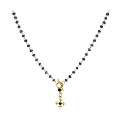 Blue Sapphire and 18 Karat Gold Cross Pendant on Beaded Chain Necklace