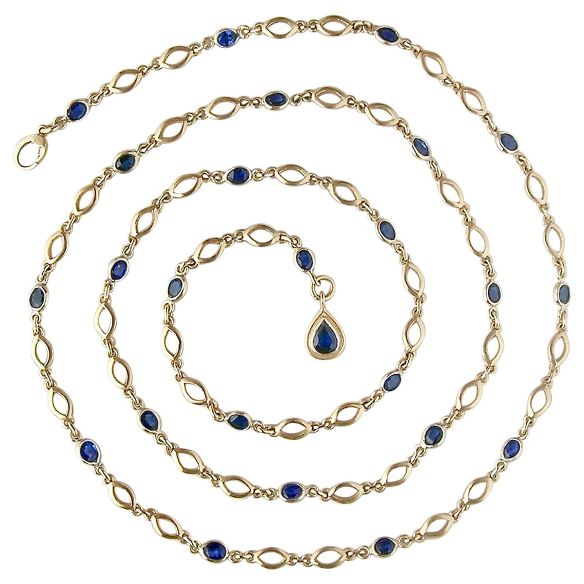 Blue Sapphire and 18 Karat Gold Marquis Chain Necklace For Sale
