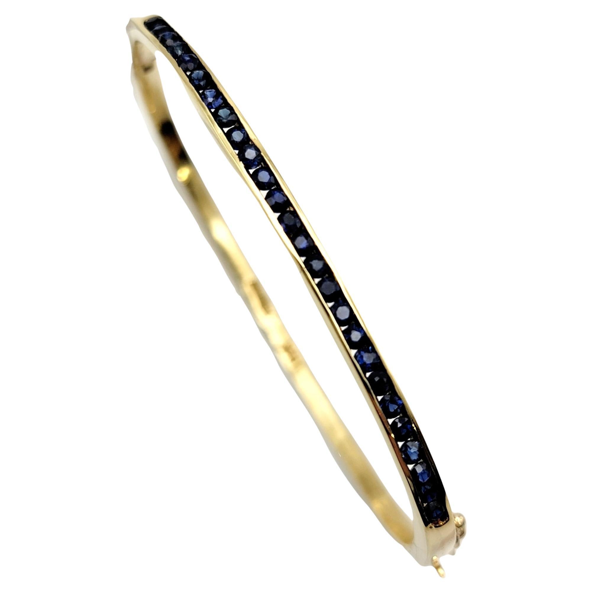 Blue Sapphire and 18 Karat Yellow Gold Rectangle Hinged Narrow Bangle Bracelet For Sale