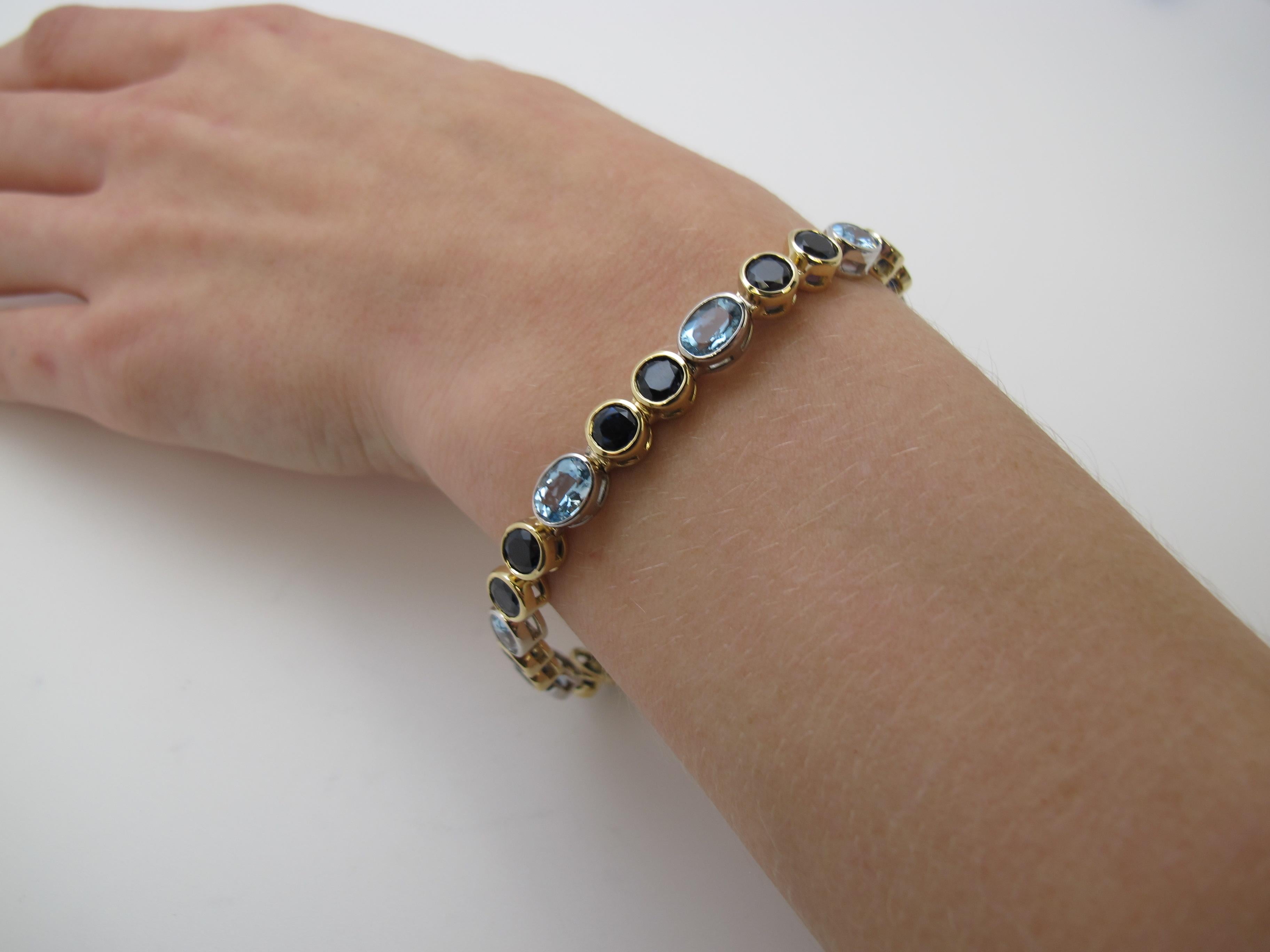 Artisan Blue Sapphire and Aquamarine 18 Karat Yellow and White Gold Bracelet