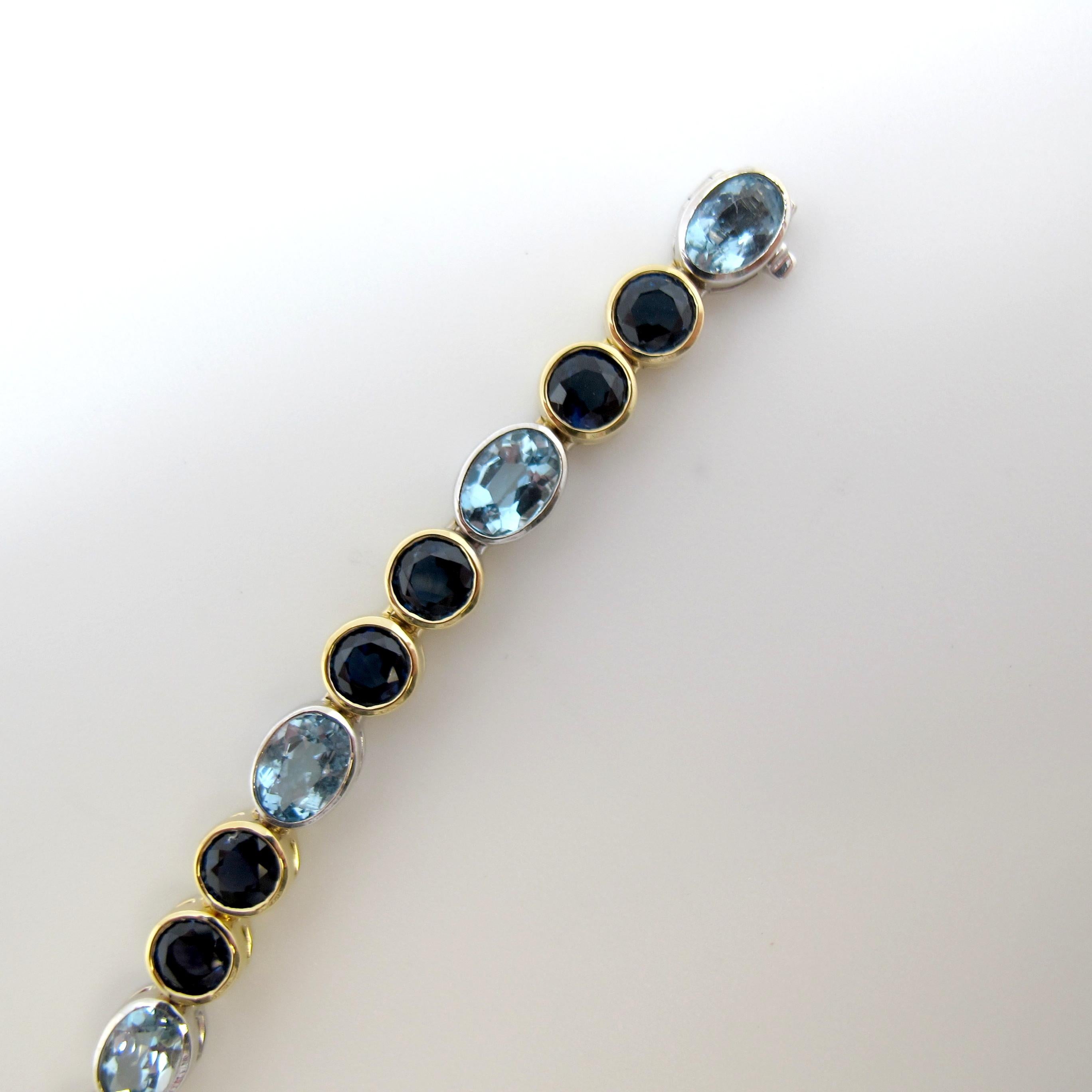 Blue Sapphire and Aquamarine 18 Karat Yellow and White Gold Bracelet In New Condition In Los Angeles, CA