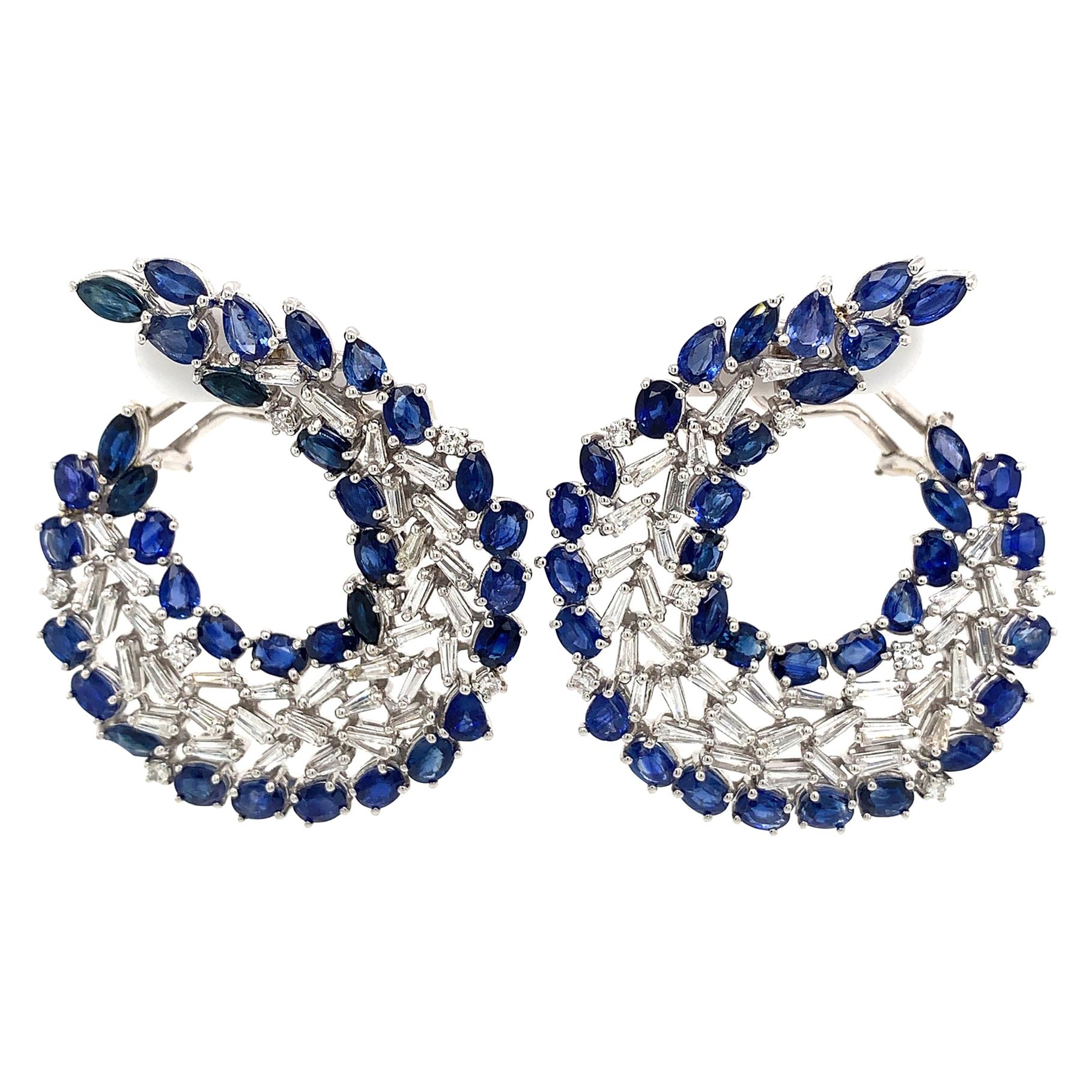 Blue Sapphire and Baguette Diamond C-Shape Earrings