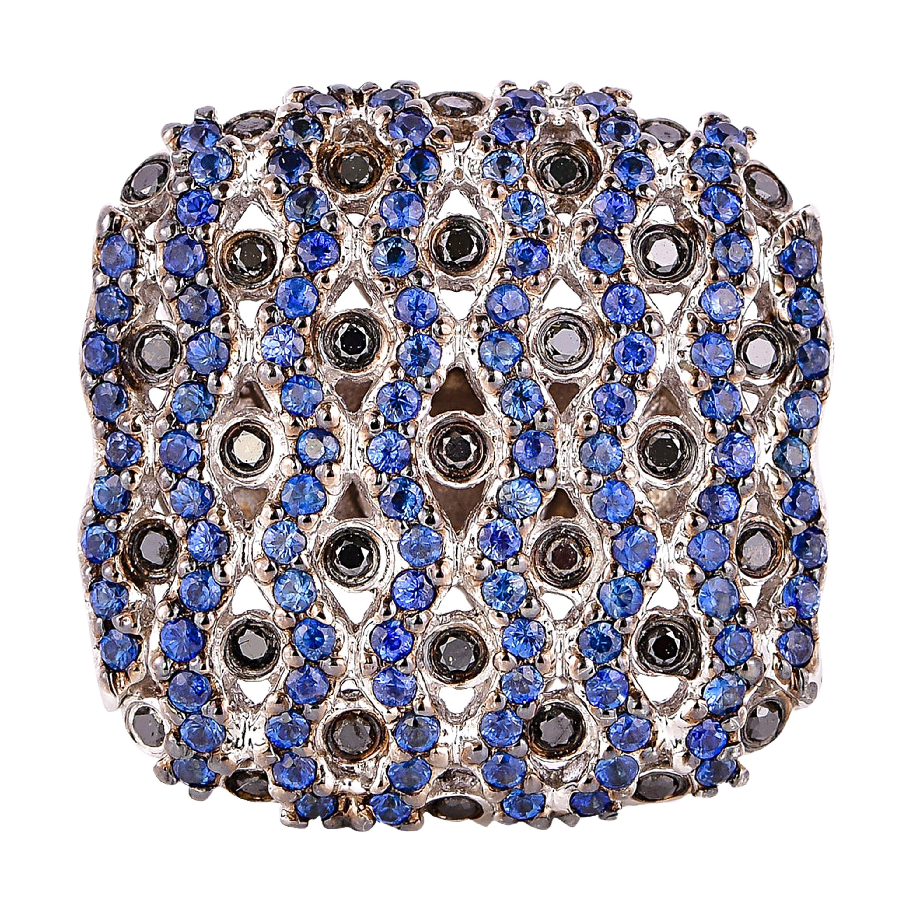 Blue Sapphire and Black Diamond Ring in 14 Karat White Gold