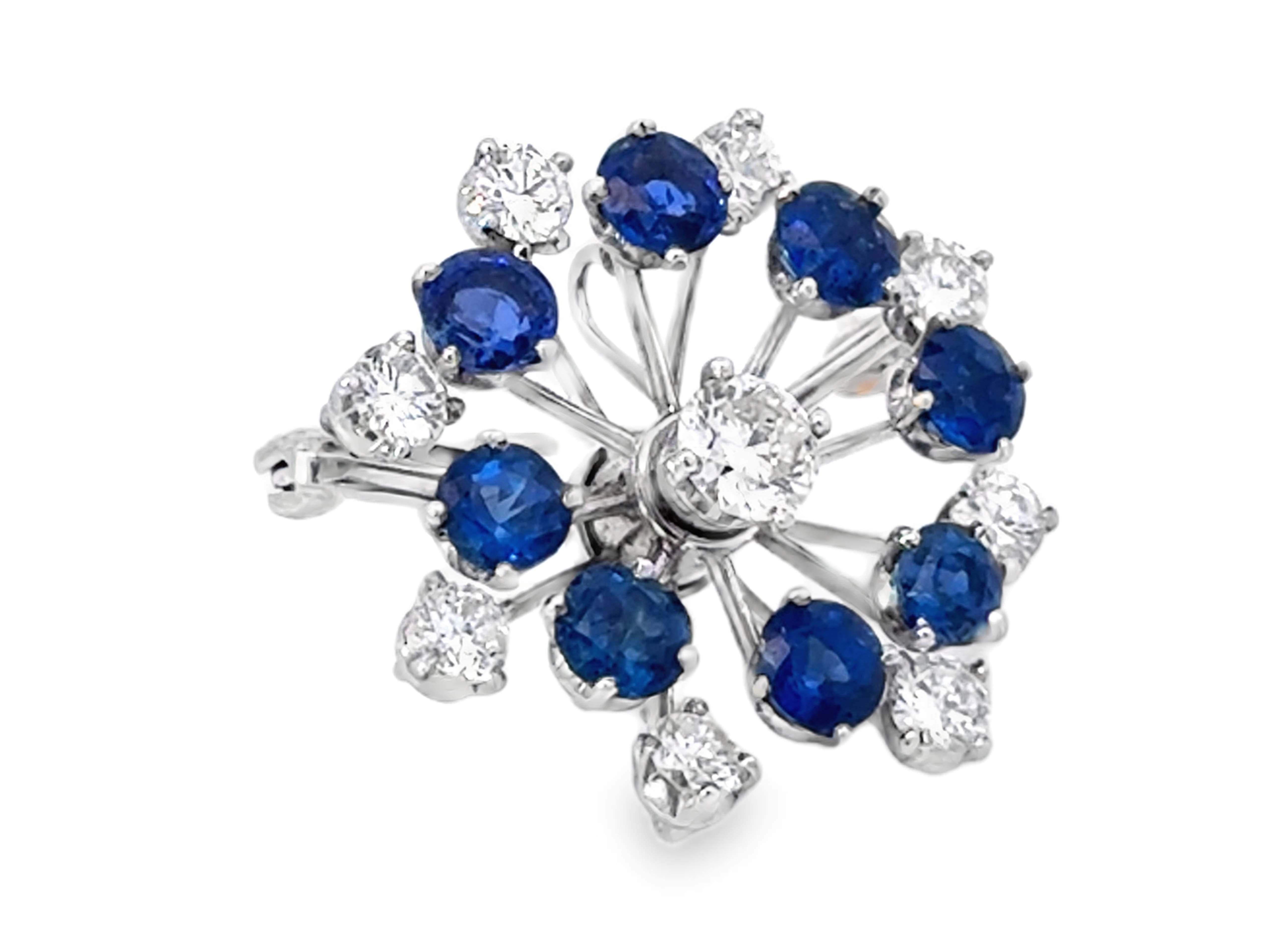 Modern Blue Sapphire and Brilliant Cut Diamond Flower Brooch in Platinum For Sale