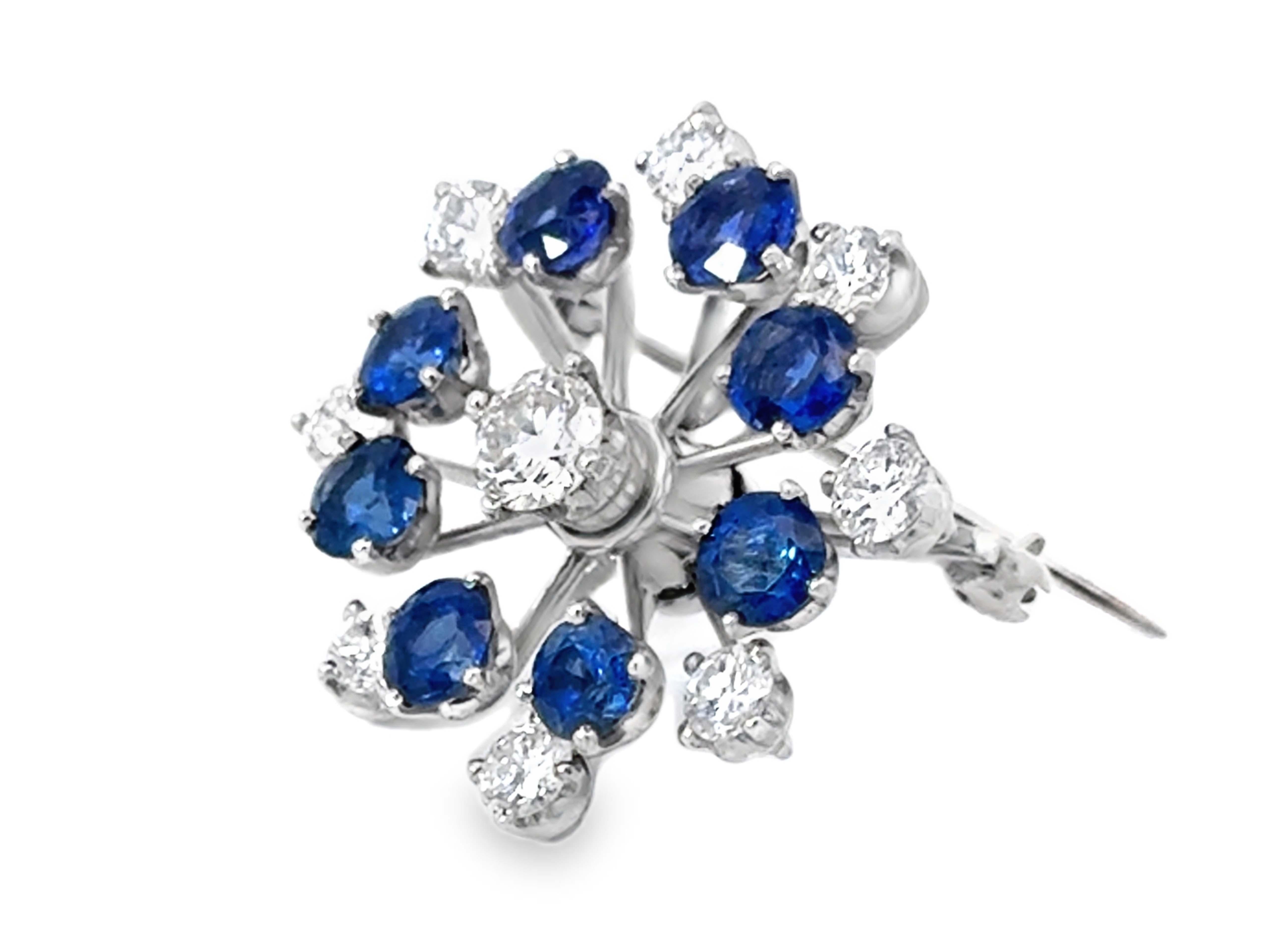 Round Cut Blue Sapphire and Brilliant Cut Diamond Flower Brooch in Platinum For Sale