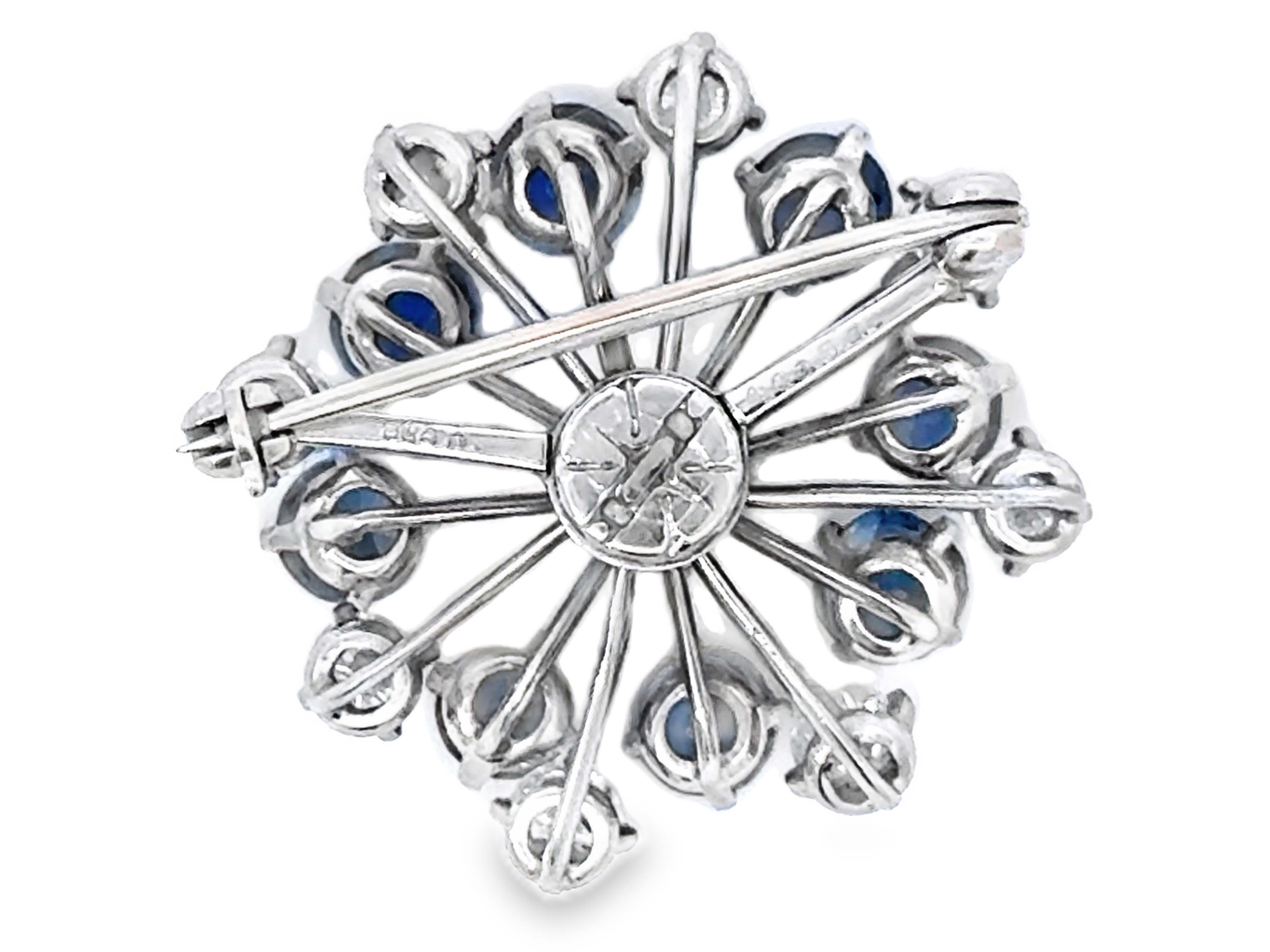 Blue Sapphire and Brilliant Cut Diamond Flower Brooch in Platinum For Sale 1