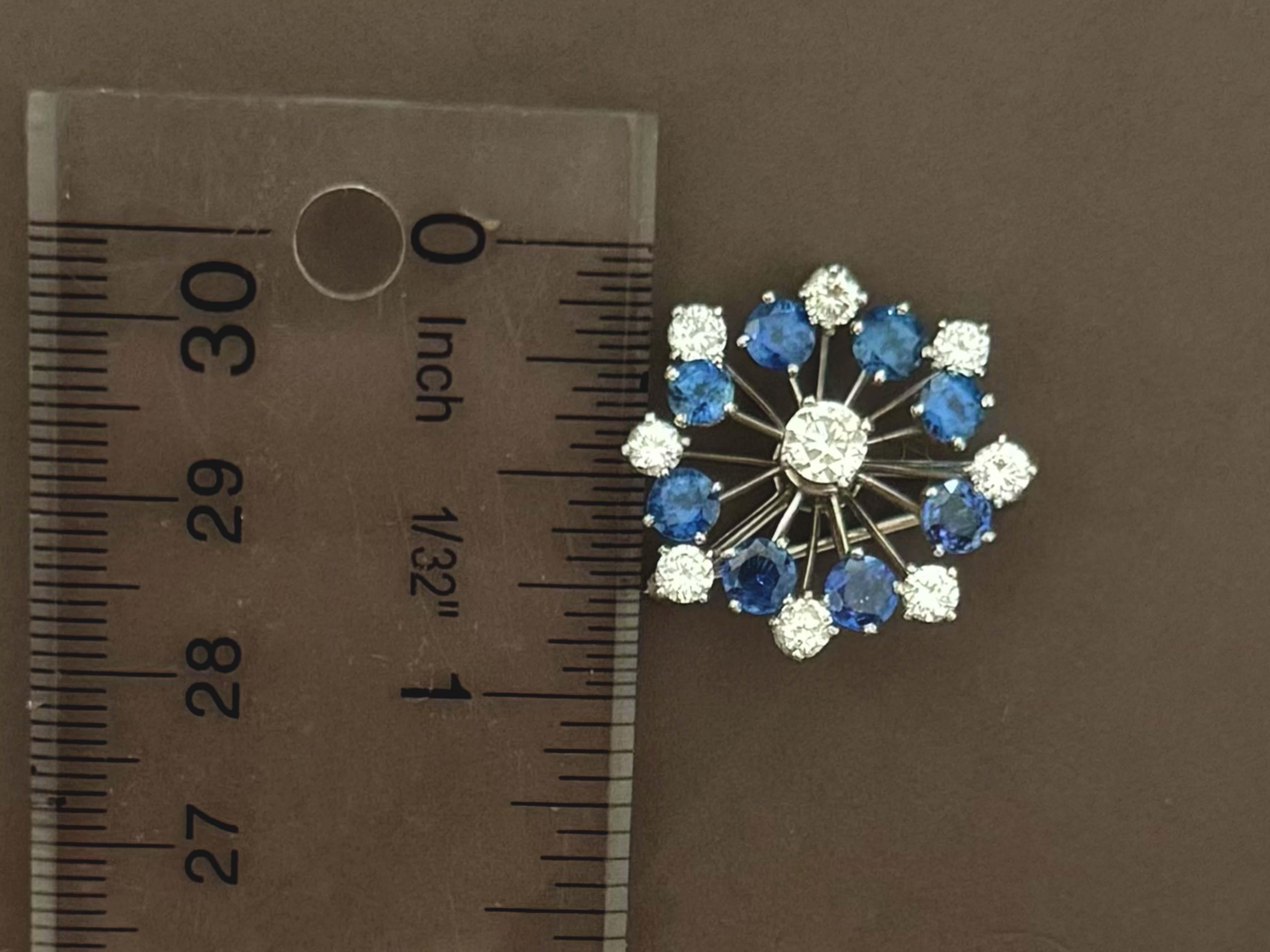 Blue Sapphire and Brilliant Cut Diamond Flower Brooch in Platinum For Sale 2